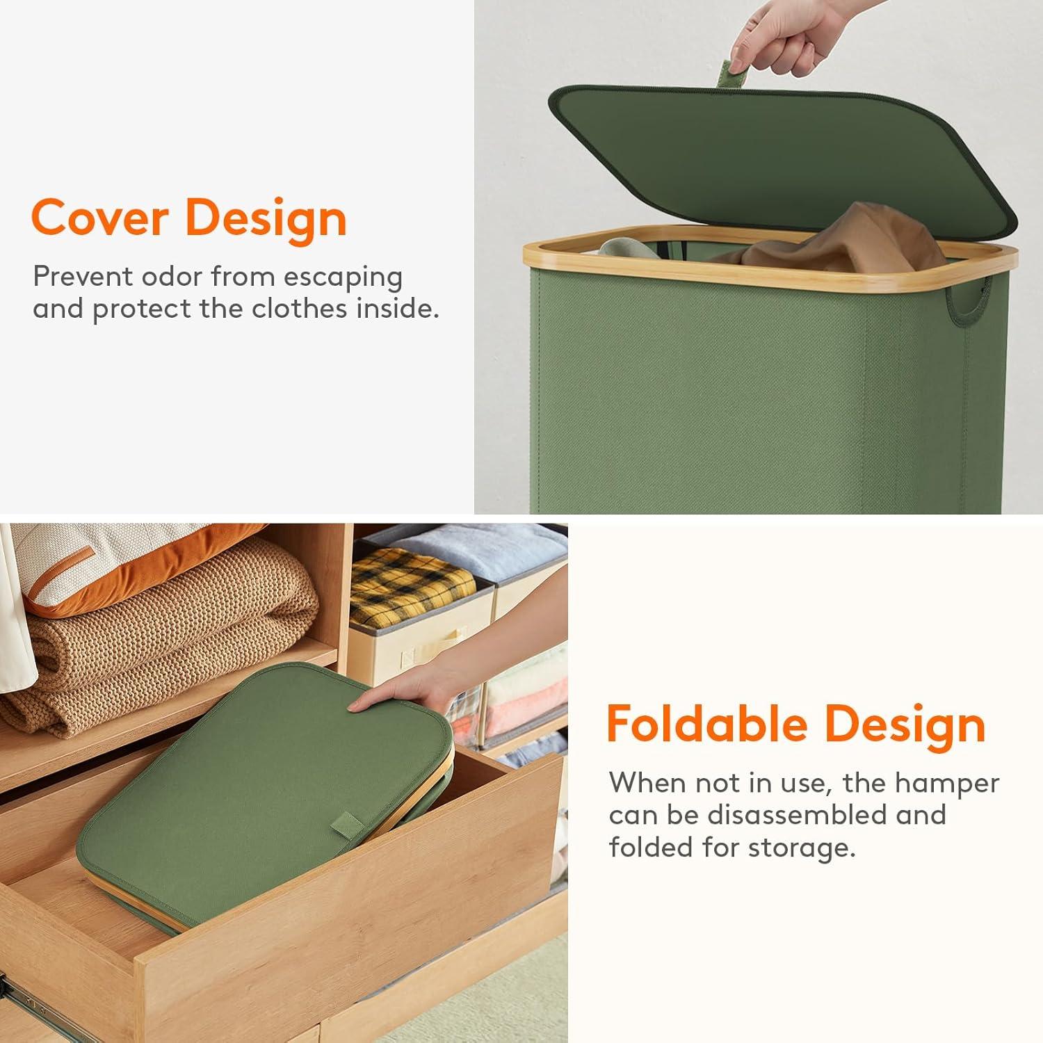 image:imageLifewit 100L Laundry Basket with Lid Clothes Hampers for Laundry with Bamboo Handles and A Removable Bag Large Foldable Laundry Hamper for Bedroom Bathroom Dorm Laundry Room BeigeGreen