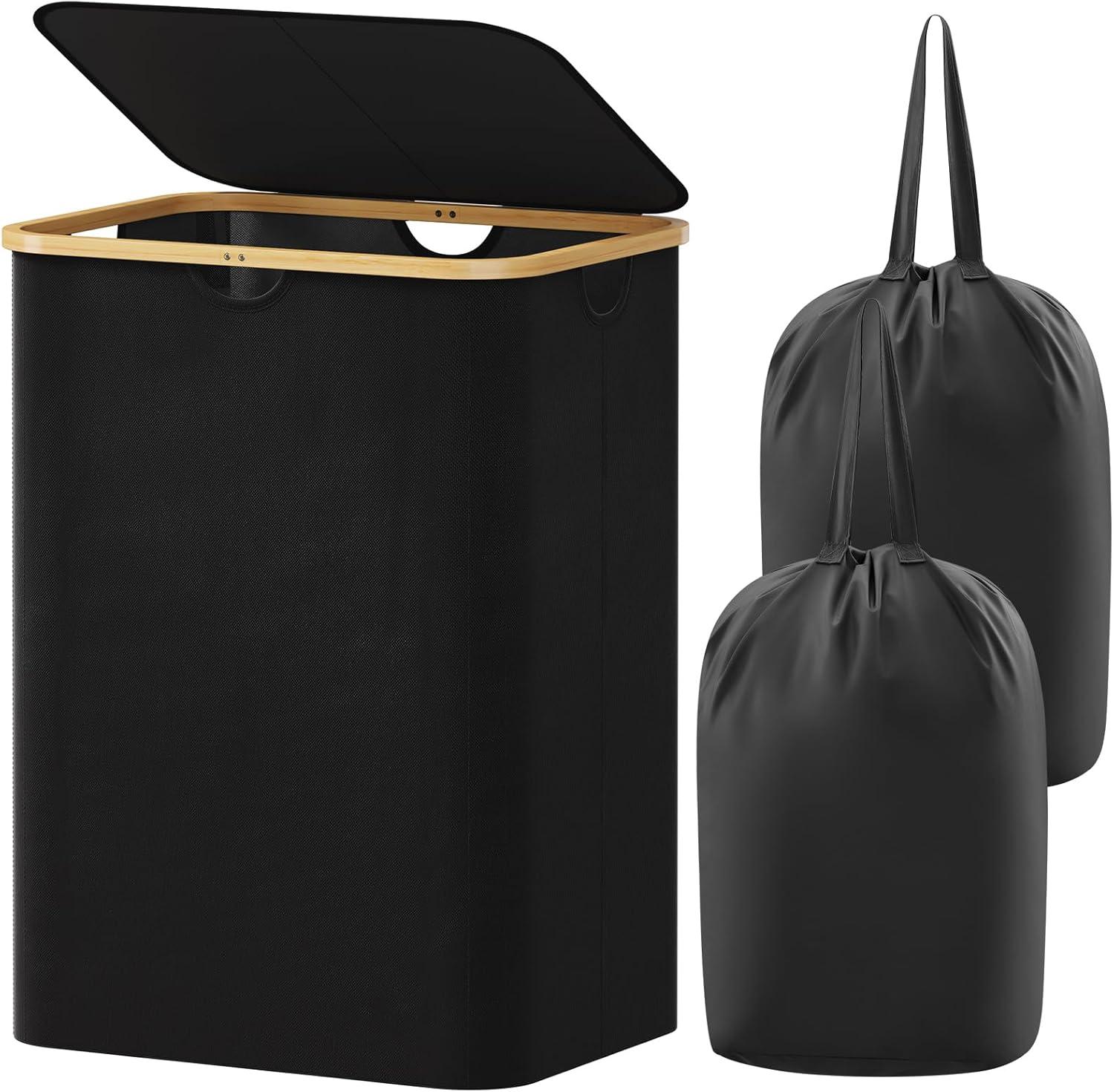 image:imageLifewit 100L Laundry Basket with Lid Clothes Hampers for Laundry with Bamboo Handles and A Removable Bag Large Foldable Laundry Hamper for Bedroom Bathroom Dorm Laundry Room BeigeBlack