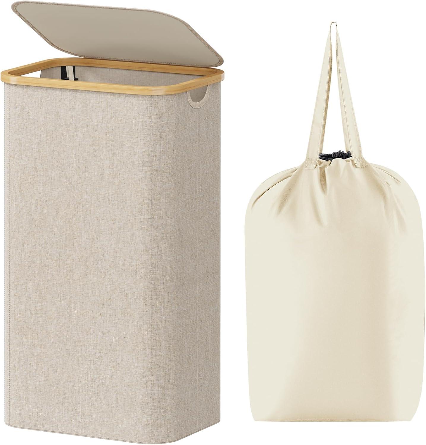 image:imageLifewit 100L Laundry Basket with Lid Clothes Hampers for Laundry with Bamboo Handles and A Removable Bag Large Foldable Laundry Hamper for Bedroom Bathroom Dorm Laundry Room BeigeBeige