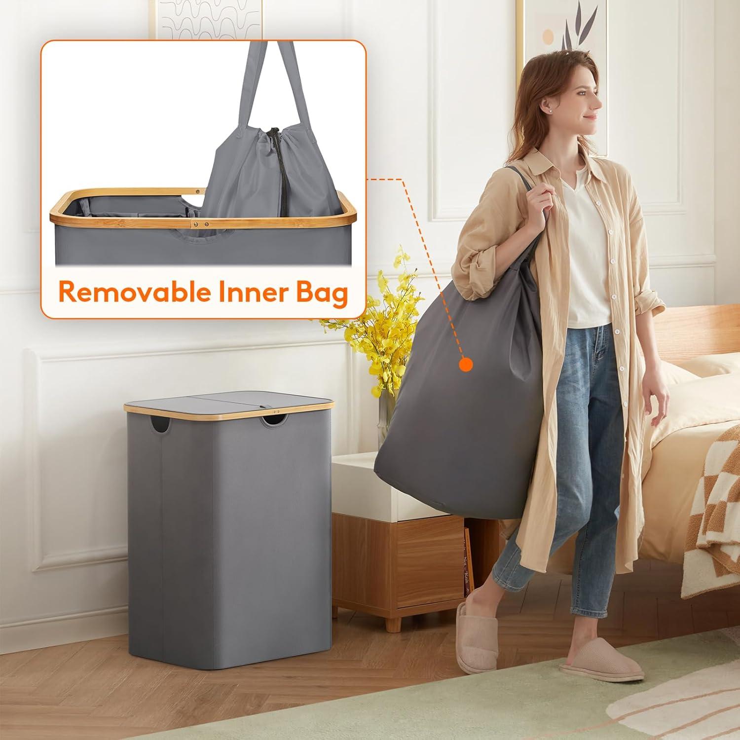 image:imageLifewit 100L Laundry Basket with Lid Clothes Hampers for Laundry with Bamboo Handles and A Removable Bag Large Foldable Laundry Hamper for Bedroom Bathroom Dorm Laundry Room BeigeGray