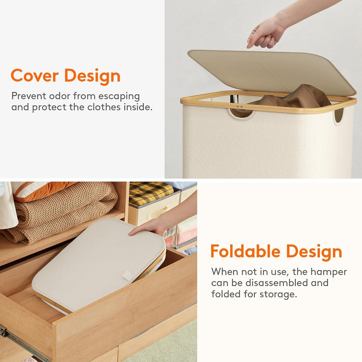 image:imageLifewit 100L Laundry Basket with Lid Clothes Hampers for Laundry with Bamboo Handles and A Removable Bag Large Foldable Laundry Hamper for Bedroom Bathroom Dorm Laundry Room BeigeWhite