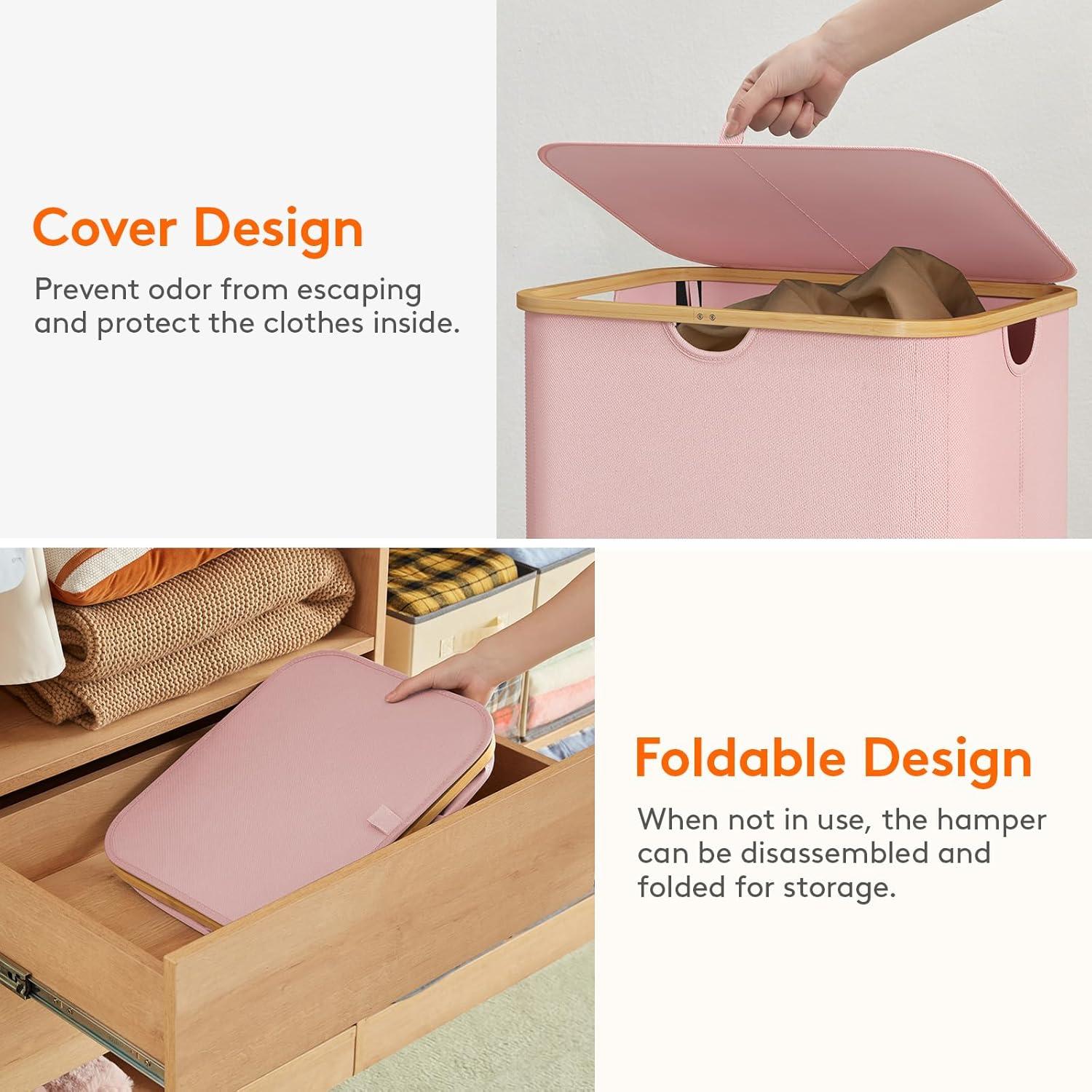 image:imageLifewit 100L Laundry Basket with Lid Clothes Hampers for Laundry with Bamboo Handles and A Removable Bag Large Foldable Laundry Hamper for Bedroom Bathroom Dorm Laundry Room BeigePink