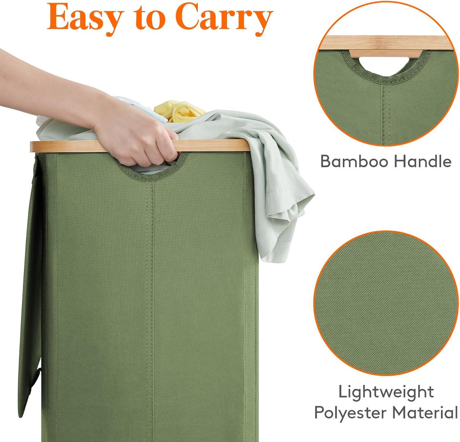 image:imageLifewit 100L Laundry Basket with Lid Clothes Hampers for Laundry with Bamboo Handles and A Removable Bag Large Foldable Laundry Hamper for Bedroom Bathroom Dorm Laundry Room BeigeGreen