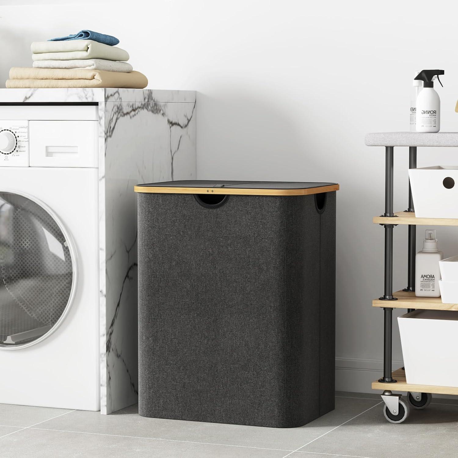 image:imageLifewit 100L Laundry Basket with Lid Clothes Hampers for Laundry with Bamboo Handles and A Removable Bag Large Foldable Laundry Hamper for Bedroom Bathroom Dorm Laundry Room BeigeDark Gray