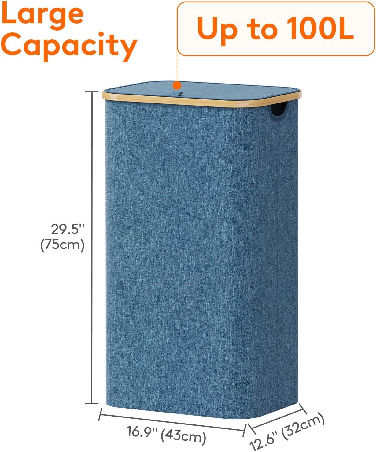 image:imageLifewit 100L Laundry Basket with Lid Clothes Hampers for Laundry with Bamboo Handles and A Removable Bag Large Foldable Laundry Hamper for Bedroom Bathroom Dorm Laundry Room BeigeDark Blue