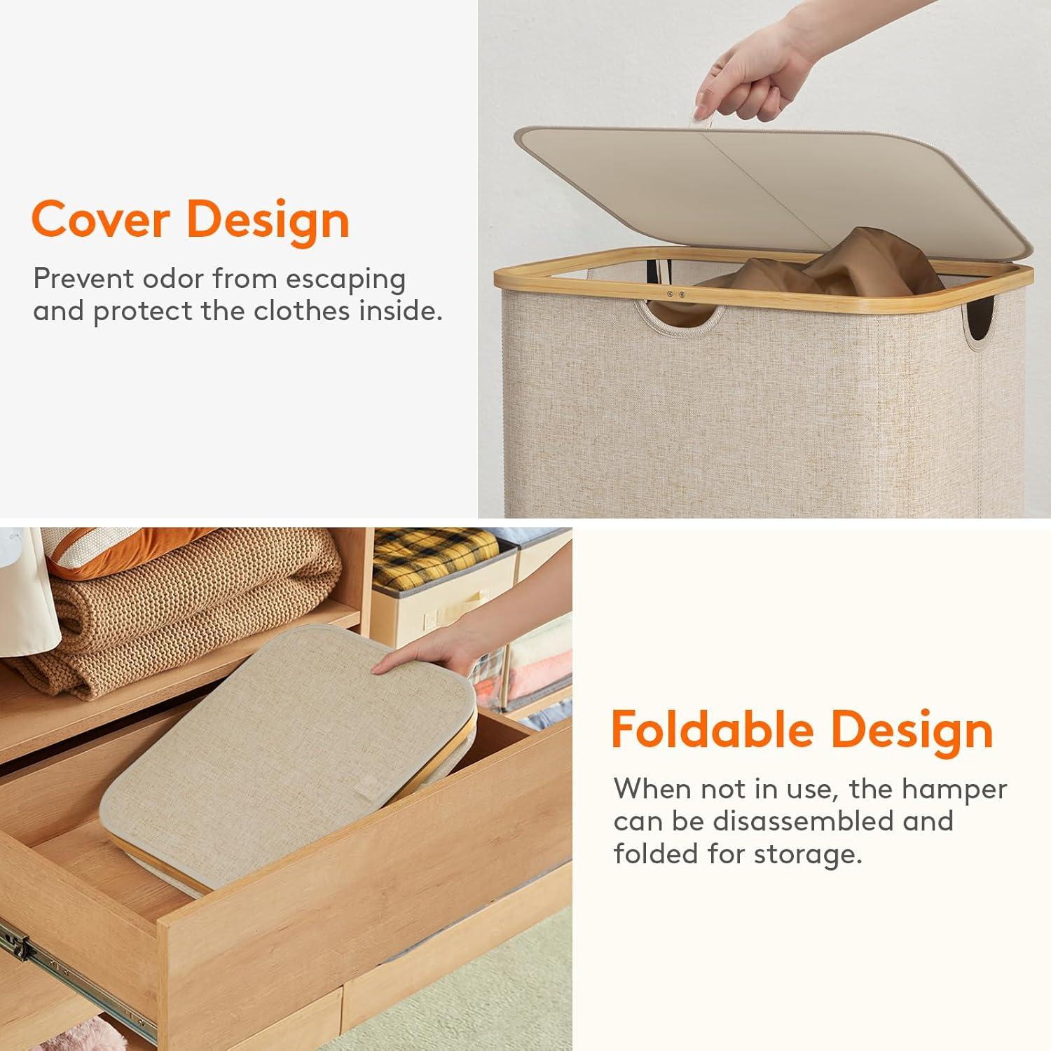 image:imageLifewit 100L Laundry Basket with Lid Clothes Hampers for Laundry with Bamboo Handles and A Removable Bag Large Foldable Laundry Hamper for Bedroom Bathroom Dorm Laundry Room BeigeBeige