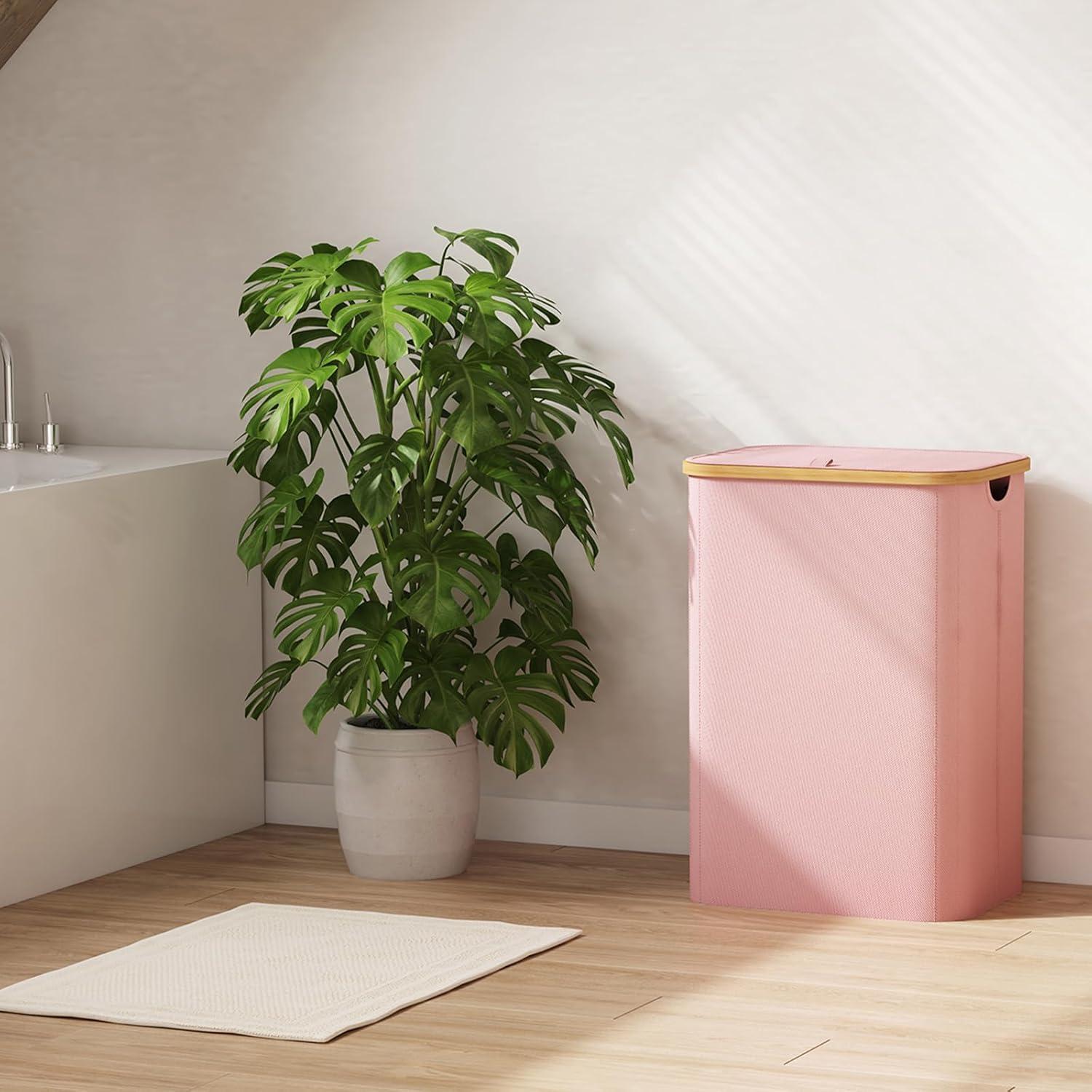 image:imageLifewit 100L Laundry Basket with Lid Clothes Hampers for Laundry with Bamboo Handles and A Removable Bag Large Foldable Laundry Hamper for Bedroom Bathroom Dorm Laundry Room BeigePink