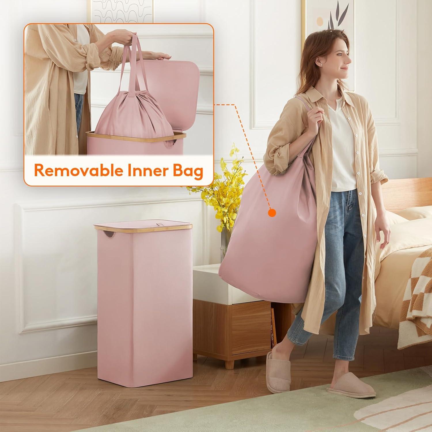image:imageLifewit 100L Laundry Basket with Lid Clothes Hampers for Laundry with Bamboo Handles and A Removable Bag Large Foldable Laundry Hamper for Bedroom Bathroom Dorm Laundry Room BeigePink