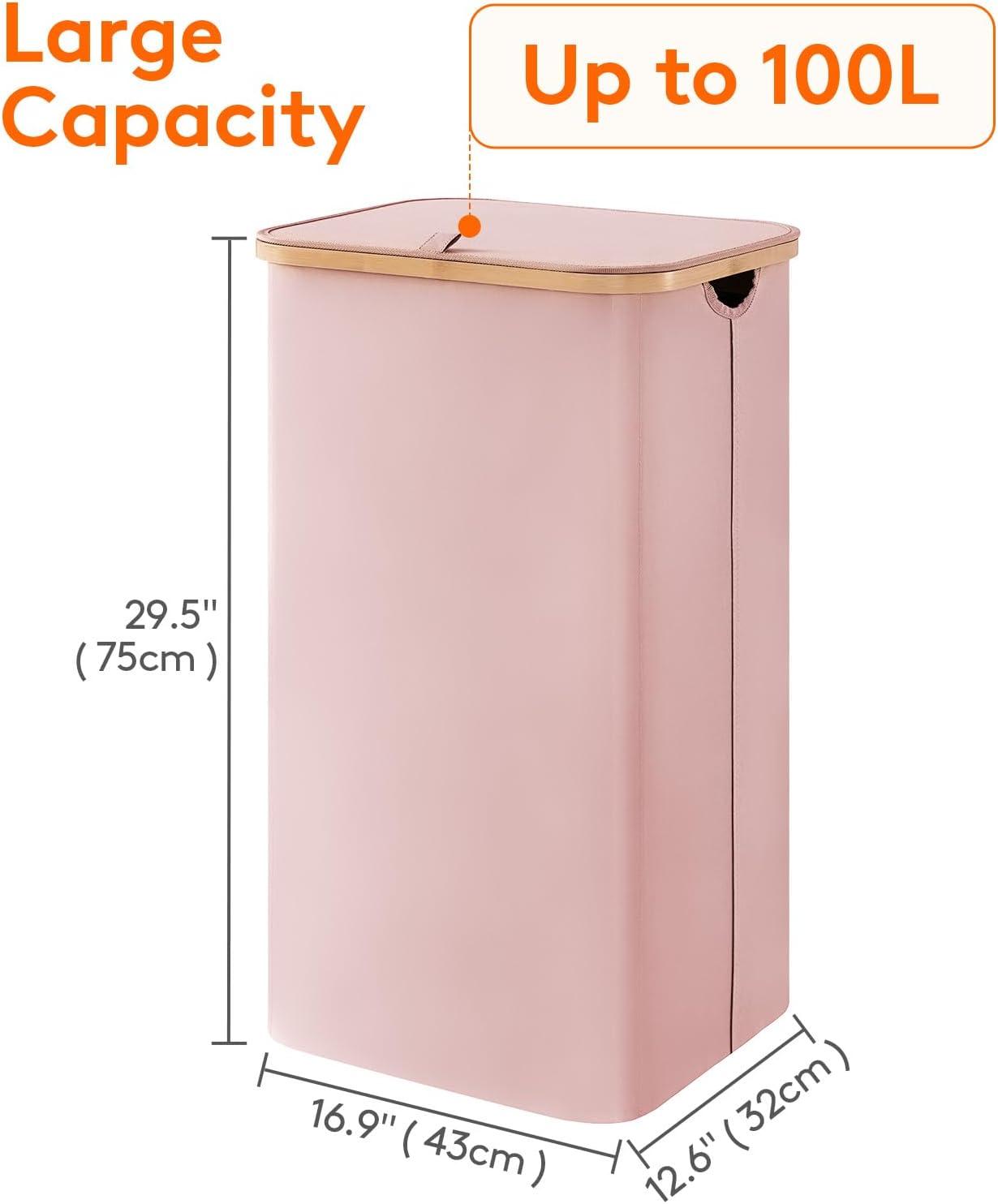 image:imageLifewit 100L Laundry Basket with Lid Clothes Hampers for Laundry with Bamboo Handles and A Removable Bag Large Foldable Laundry Hamper for Bedroom Bathroom Dorm Laundry Room BeigePink