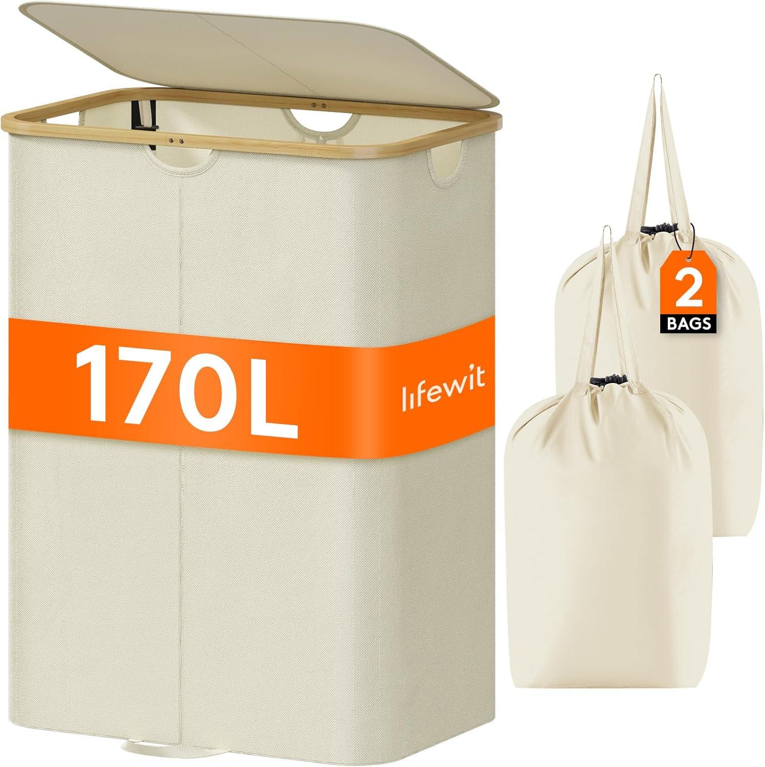 image:imageLifewit 120L Double Laundry Hamper with Lid Large Dual Laundry Basket Removable Bags 2 Sections Aesthetic Clothes Hampers for Laundry with Bamboo Handles for Bedroom Bathroom Dorm BlackBeige
