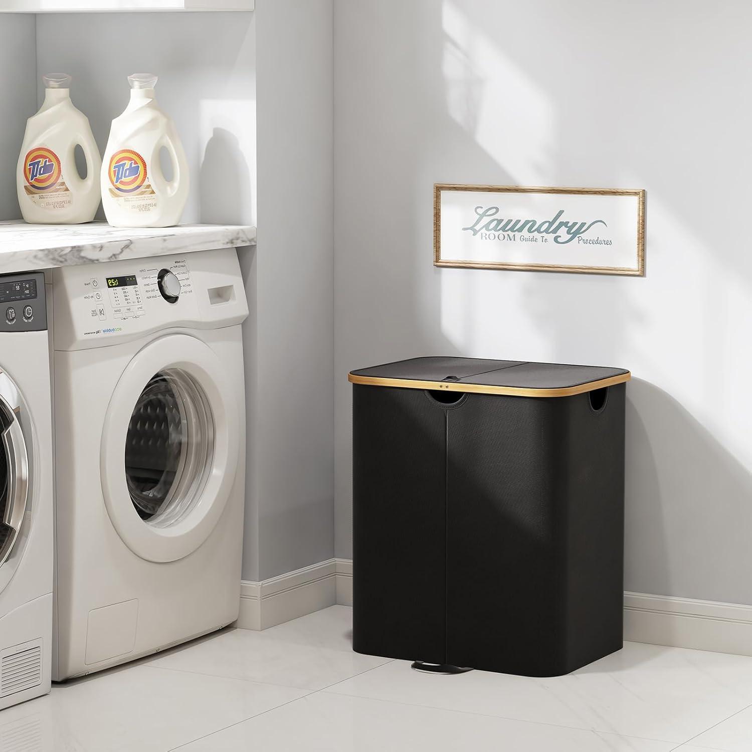 image:imageLifewit 120L Double Laundry Hamper with Lid Large Dual Laundry Basket Removable Bags 2 Sections Aesthetic Clothes Hampers for Laundry with Bamboo Handles for Bedroom Bathroom Dorm BlackBlack