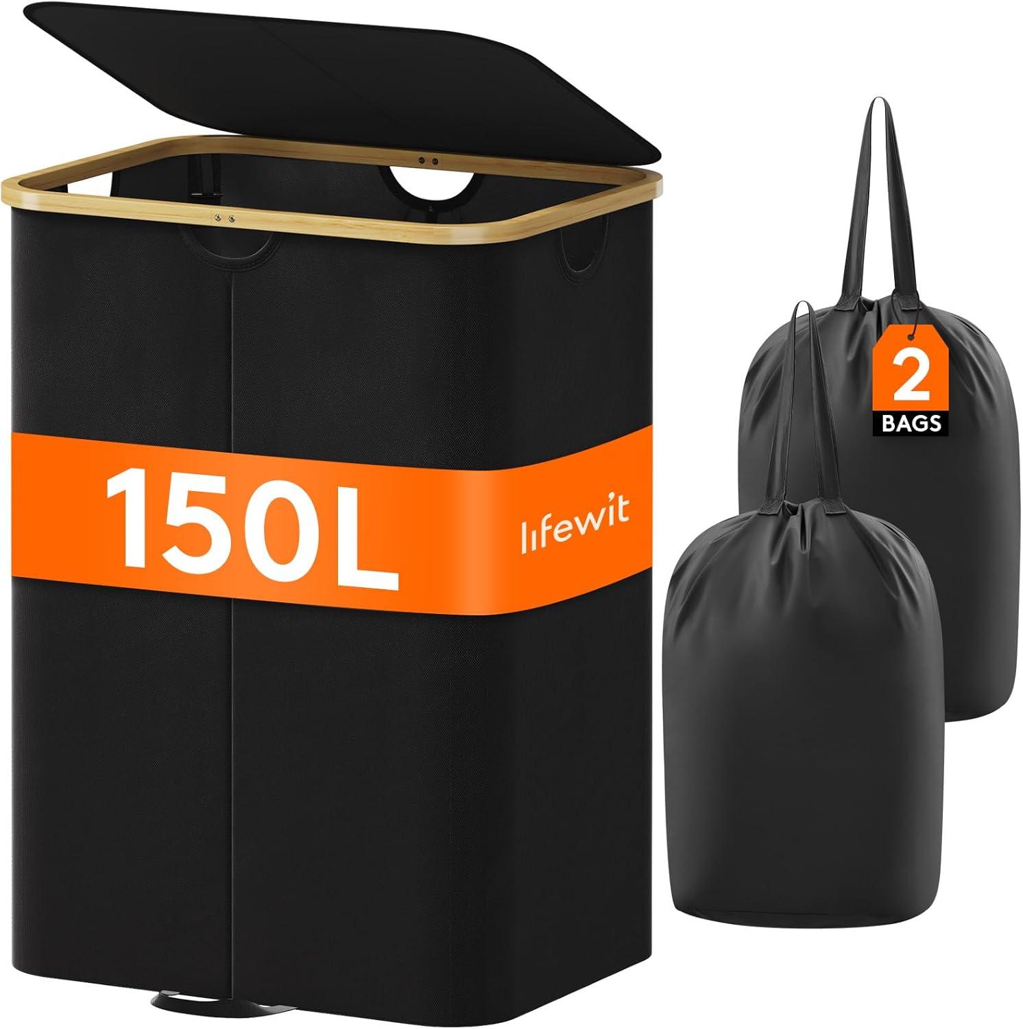 image:imageLifewit 120L Double Laundry Hamper with Lid Large Dual Laundry Basket Removable Bags 2 Sections Aesthetic Clothes Hampers for Laundry with Bamboo Handles for Bedroom Bathroom Dorm BlackBlack