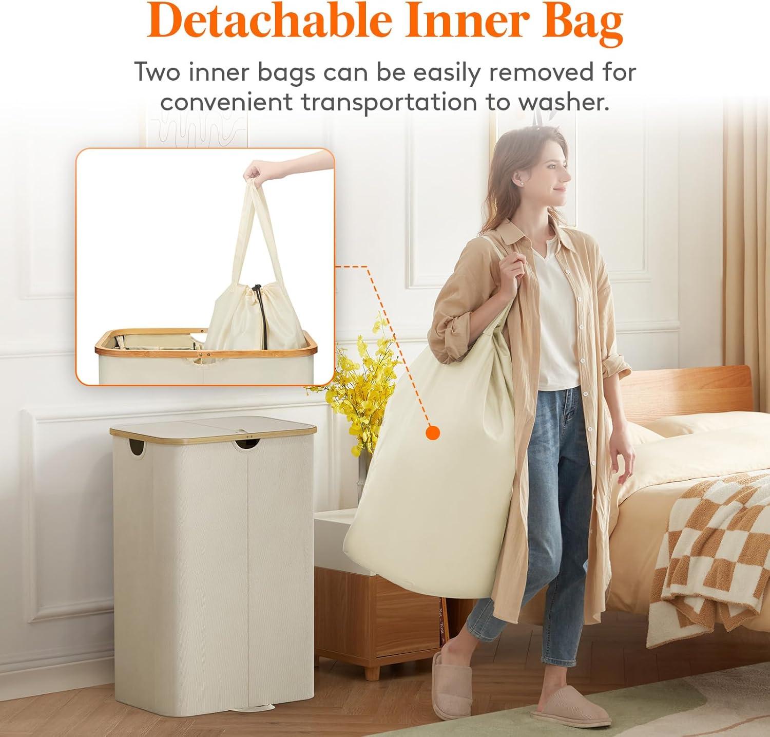 image:imageLifewit 120L Double Laundry Hamper with Lid Large Dual Laundry Basket Removable Bags 2 Sections Aesthetic Clothes Hampers for Laundry with Bamboo Handles for Bedroom Bathroom Dorm BlackBeige