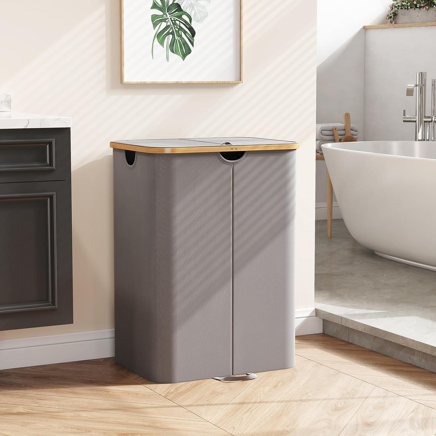 image:imageLifewit 120L Double Laundry Hamper with Lid Large Dual Laundry Basket Removable Bags 2 Sections Aesthetic Clothes Hampers for Laundry with Bamboo Handles for Bedroom Bathroom Dorm BlackGrey