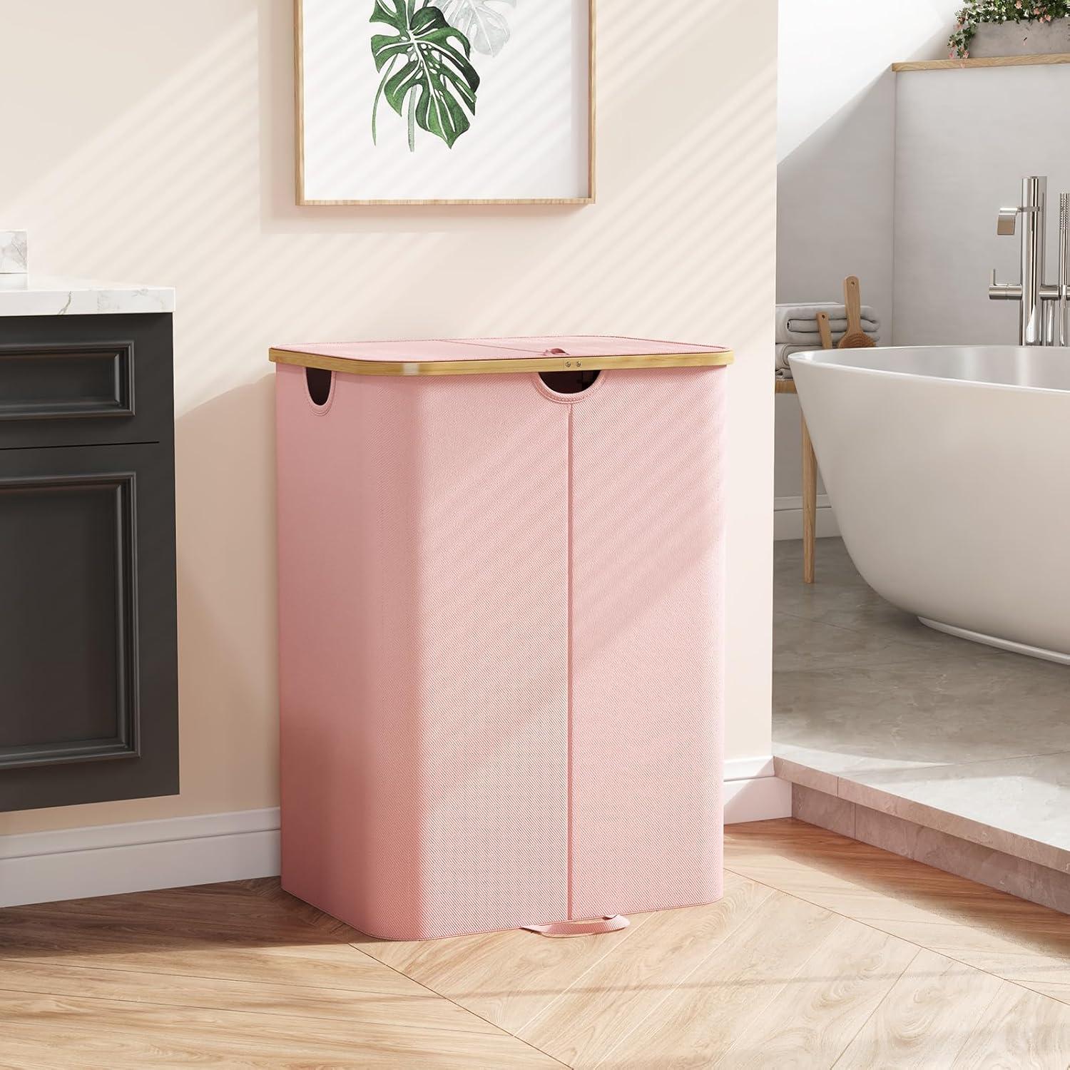 image:imageLifewit 120L Double Laundry Hamper with Lid Large Dual Laundry Basket Removable Bags 2 Sections Aesthetic Clothes Hampers for Laundry with Bamboo Handles for Bedroom Bathroom Dorm BlackPink