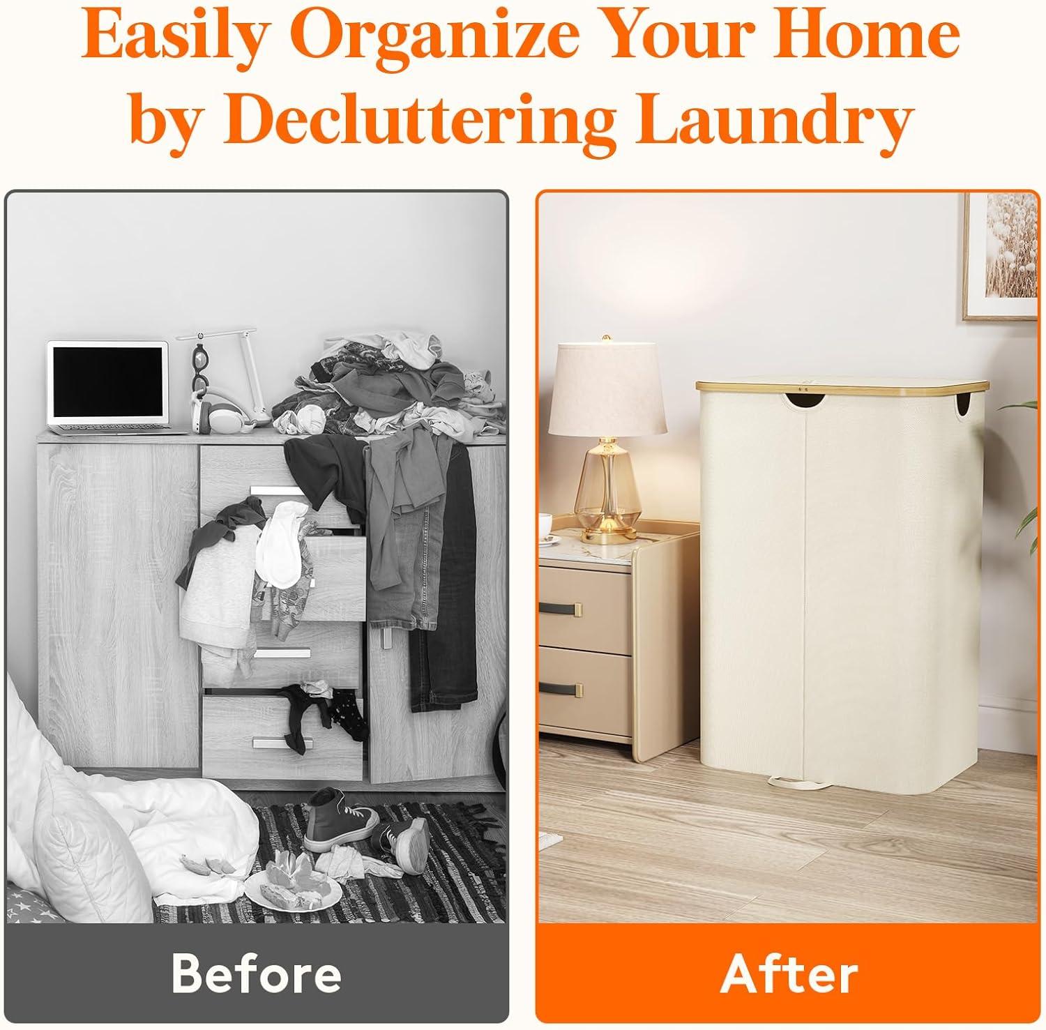 image:imageLifewit 120L Double Laundry Hamper with Lid Large Dual Laundry Basket Removable Bags 2 Sections Aesthetic Clothes Hampers for Laundry with Bamboo Handles for Bedroom Bathroom Dorm BlackBeige