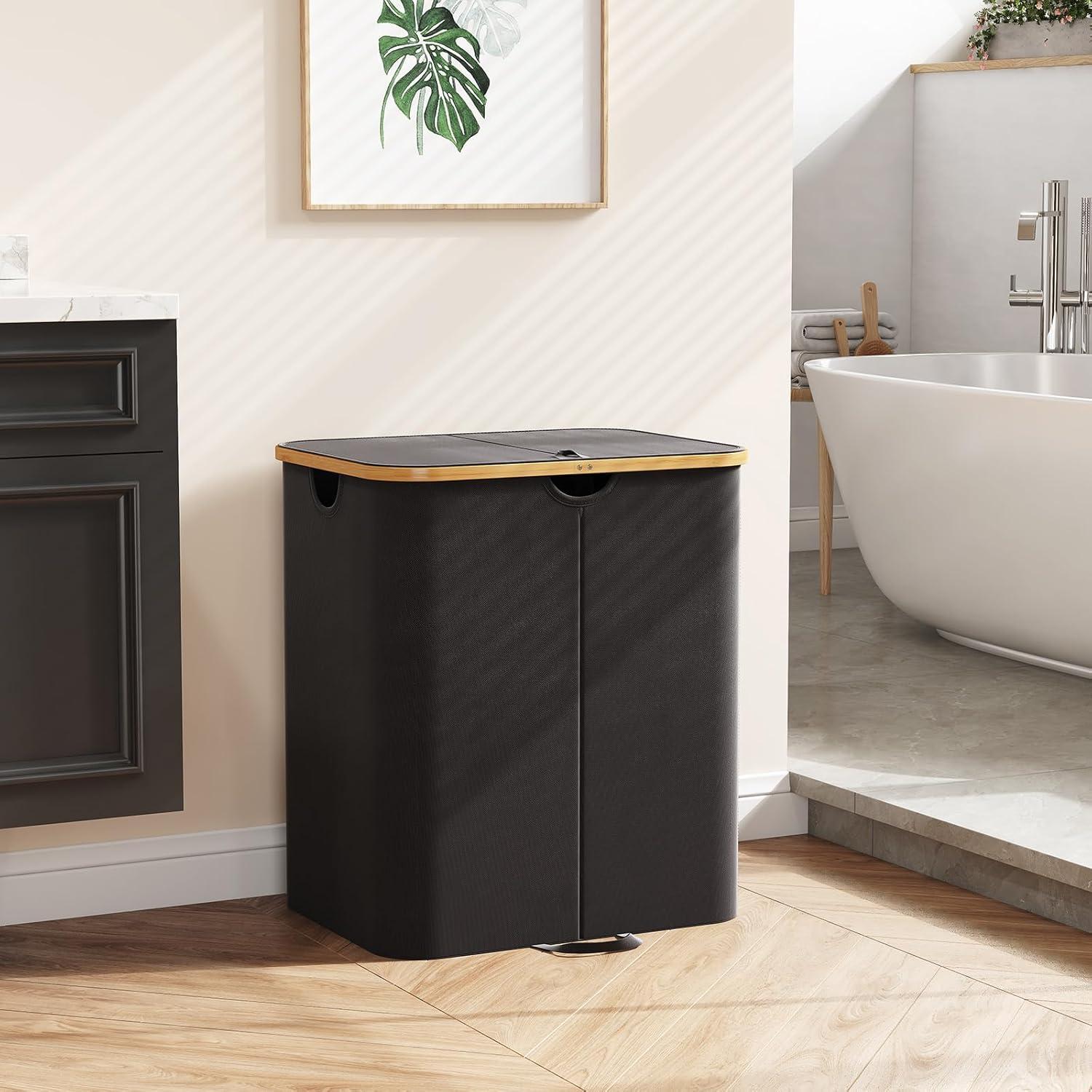 image:imageLifewit 120L Double Laundry Hamper with Lid Large Dual Laundry Basket Removable Bags 2 Sections Aesthetic Clothes Hampers for Laundry with Bamboo Handles for Bedroom Bathroom Dorm BlackBlack