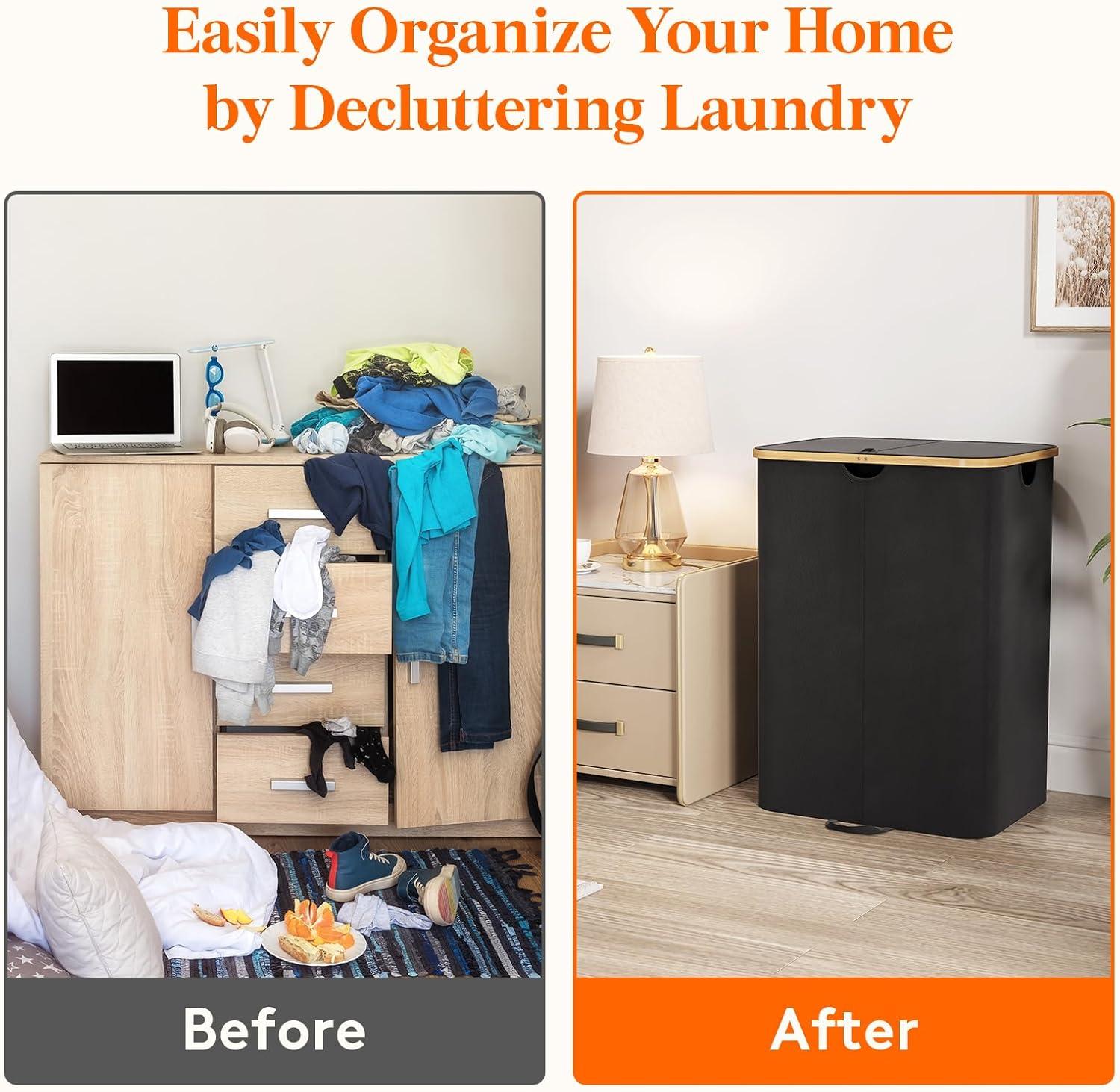 image:imageLifewit 120L Double Laundry Hamper with Lid Large Dual Laundry Basket Removable Bags 2 Sections Aesthetic Clothes Hampers for Laundry with Bamboo Handles for Bedroom Bathroom Dorm BlackBlack