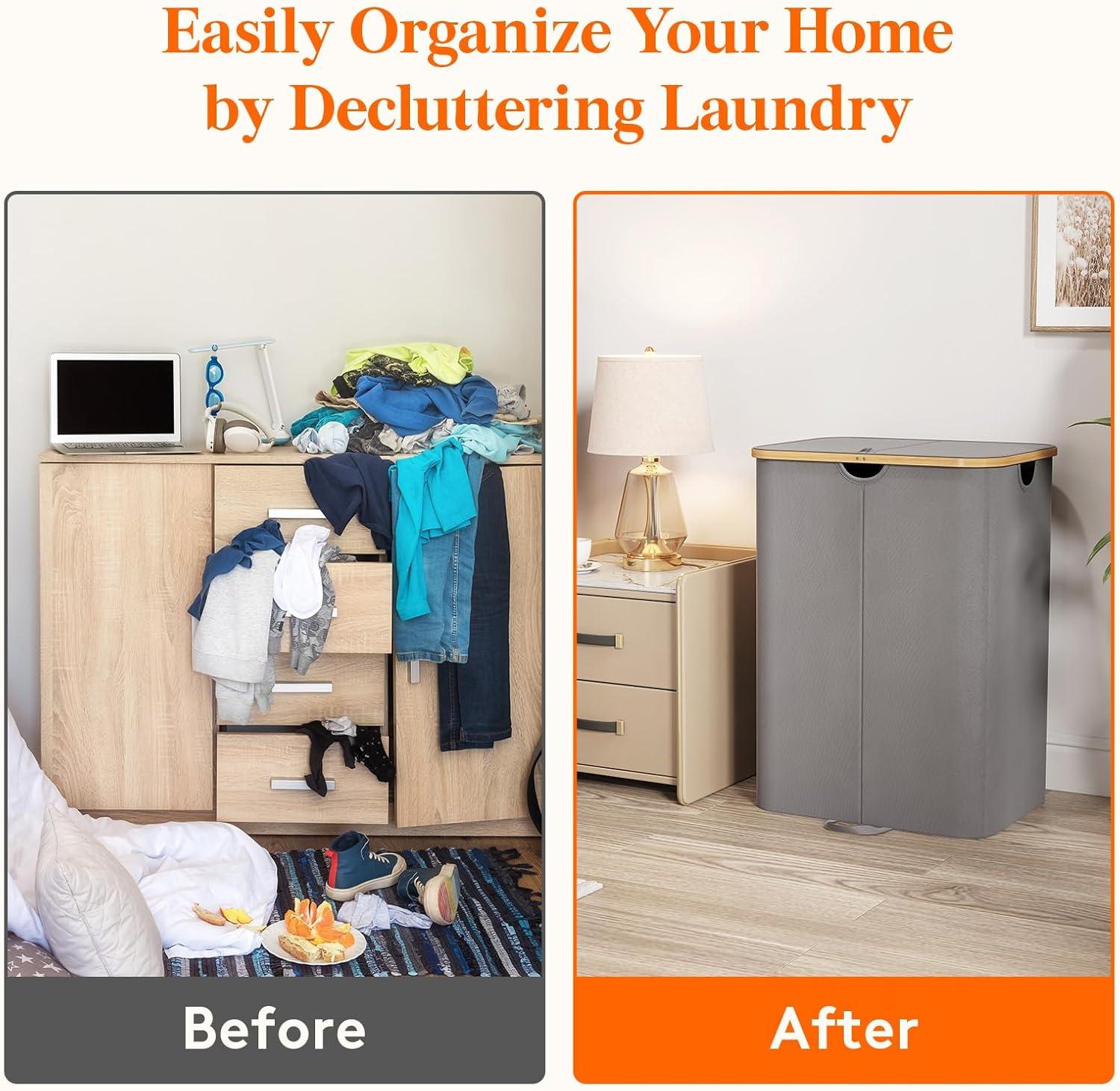 image:imageLifewit 120L Double Laundry Hamper with Lid Large Dual Laundry Basket Removable Bags 2 Sections Aesthetic Clothes Hampers for Laundry with Bamboo Handles for Bedroom Bathroom Dorm BlackGrey
