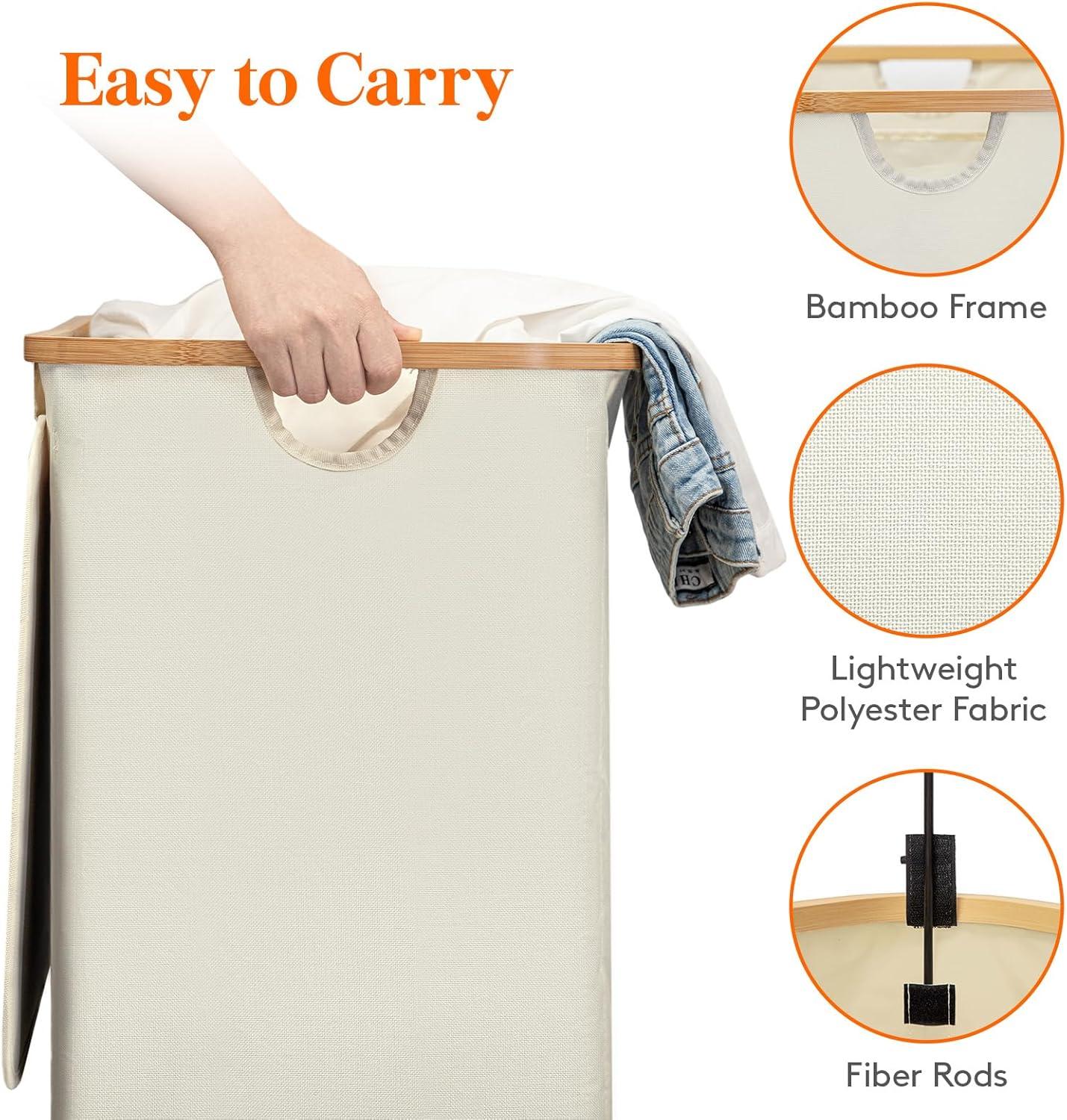 image:imageLifewit 120L Double Laundry Hamper with Lid Large Dual Laundry Basket Removable Bags 2 Sections Aesthetic Clothes Hampers for Laundry with Bamboo Handles for Bedroom Bathroom Dorm BlackBeige
