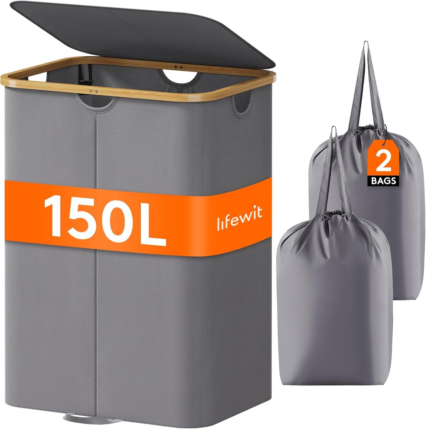 image:imageLifewit 120L Double Laundry Hamper with Lid Large Dual Laundry Basket Removable Bags 2 Sections Aesthetic Clothes Hampers for Laundry with Bamboo Handles for Bedroom Bathroom Dorm BlackGrey