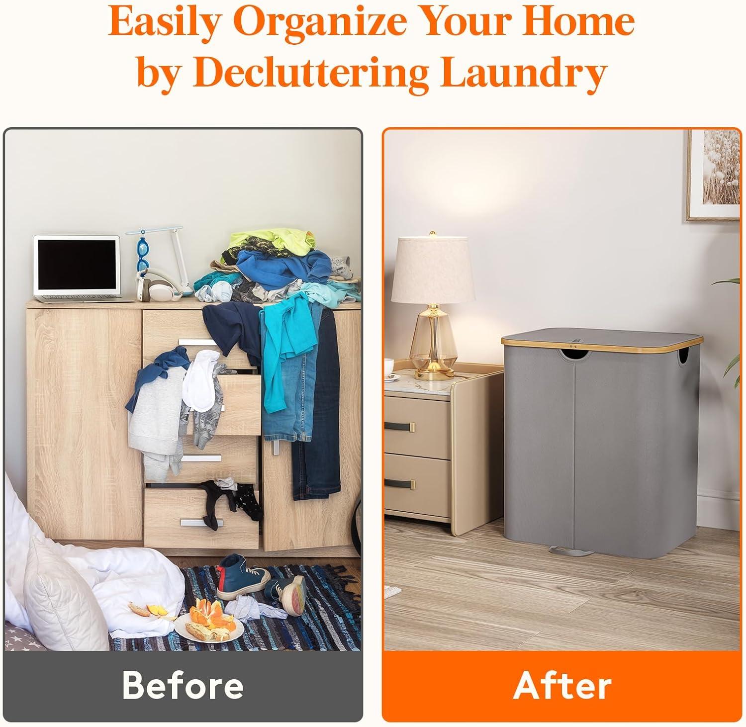 image:imageLifewit 120L Double Laundry Hamper with Lid Large Dual Laundry Basket Removable Bags 2 Sections Aesthetic Clothes Hampers for Laundry with Bamboo Handles for Bedroom Bathroom Dorm BlackGrey