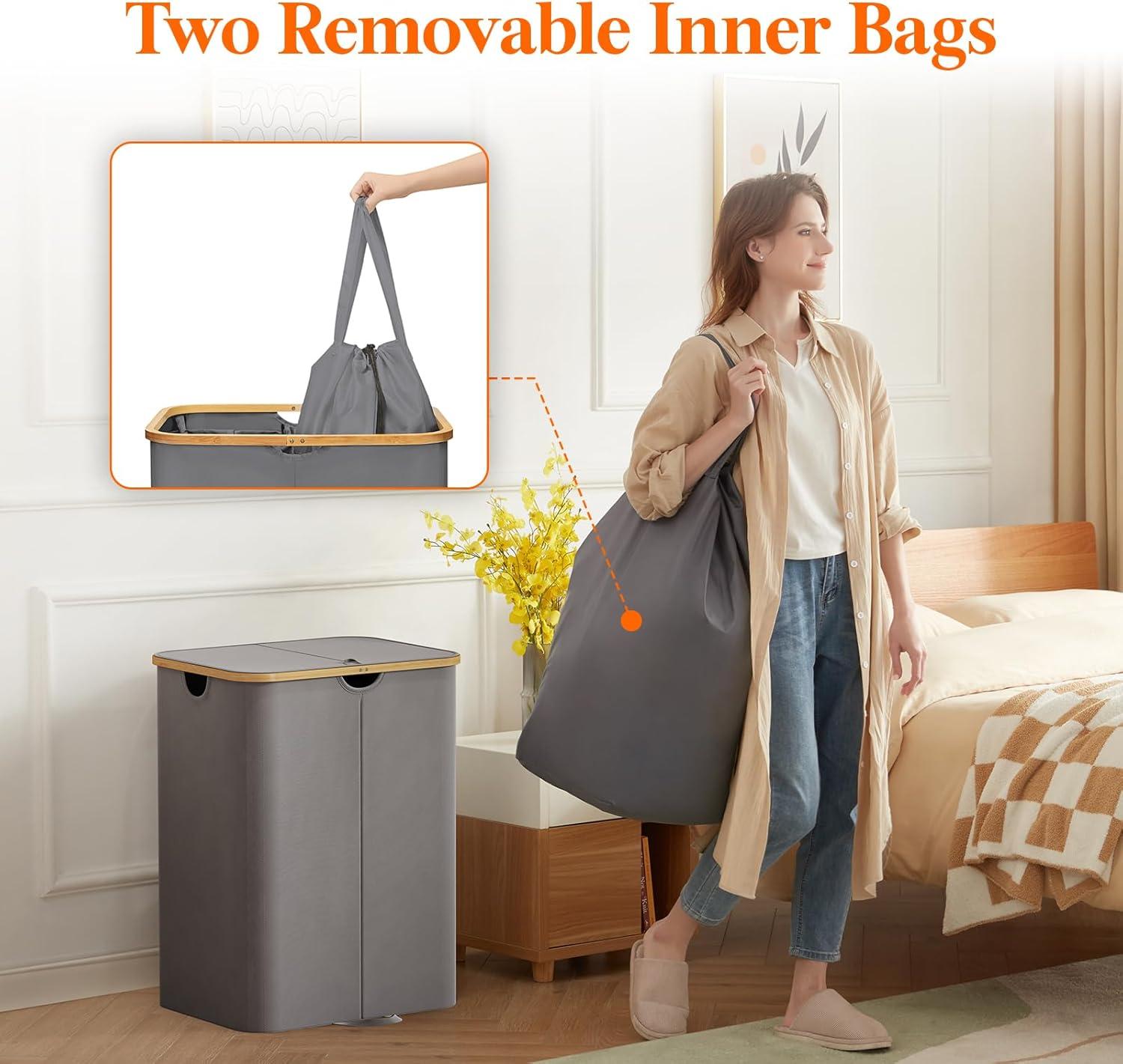 image:imageLifewit 120L Double Laundry Hamper with Lid Large Dual Laundry Basket Removable Bags 2 Sections Aesthetic Clothes Hampers for Laundry with Bamboo Handles for Bedroom Bathroom Dorm BlackGrey