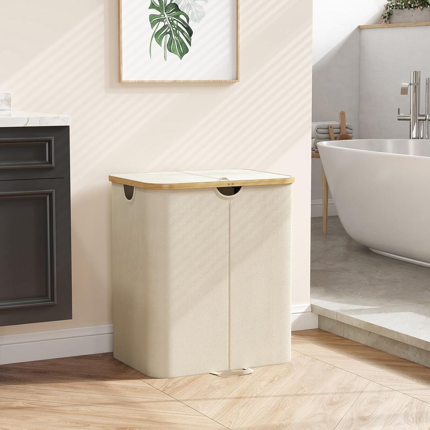 image:imageLifewit 120L Double Laundry Hamper with Lid Large Dual Laundry Basket Removable Bags 2 Sections Aesthetic Clothes Hampers for Laundry with Bamboo Handles for Bedroom Bathroom Dorm BlackBeige