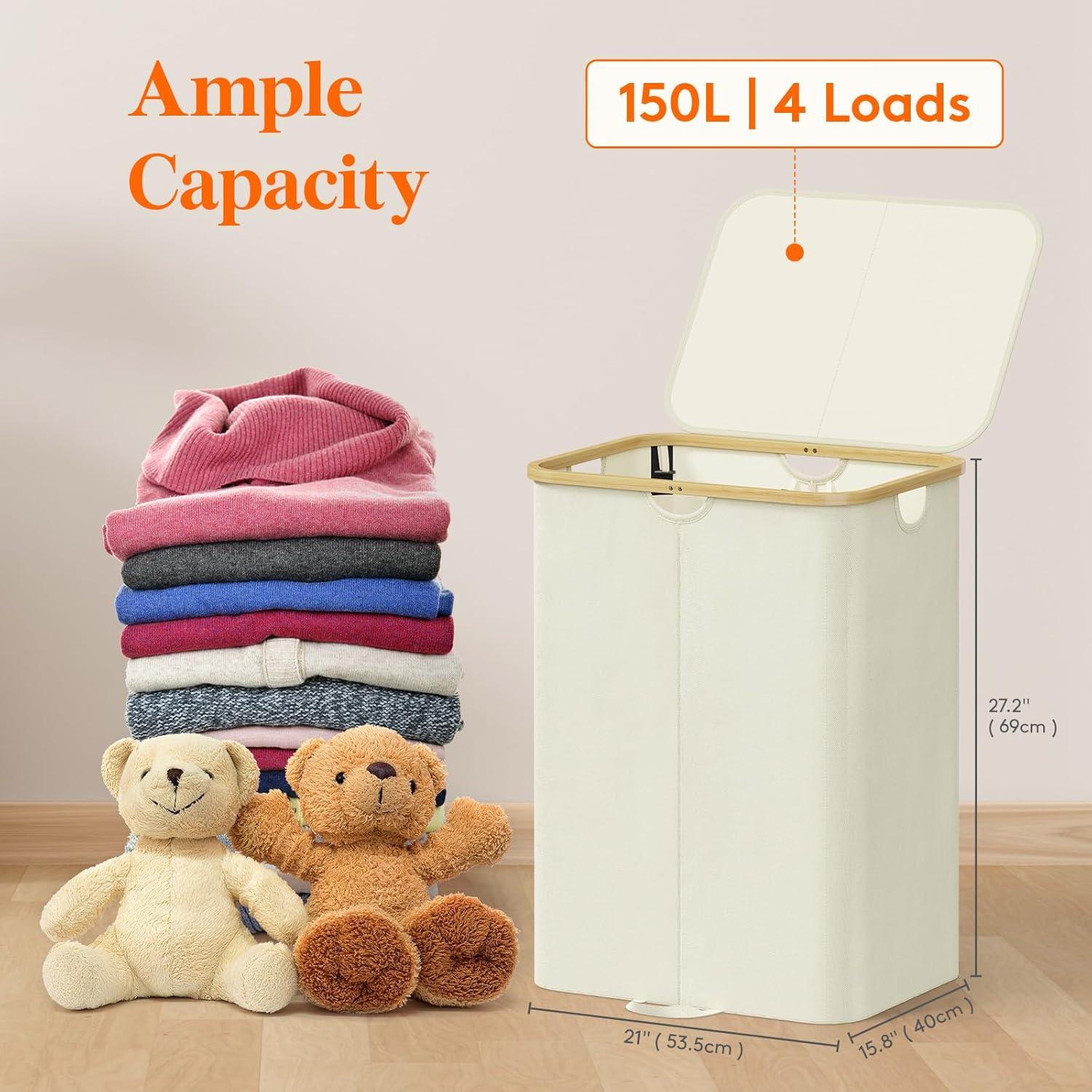 image:imageLifewit 120L Double Laundry Hamper with Lid Large Dual Laundry Basket Removable Bags 2 Sections Aesthetic Clothes Hampers for Laundry with Bamboo Handles for Bedroom Bathroom Dorm BlackBeige