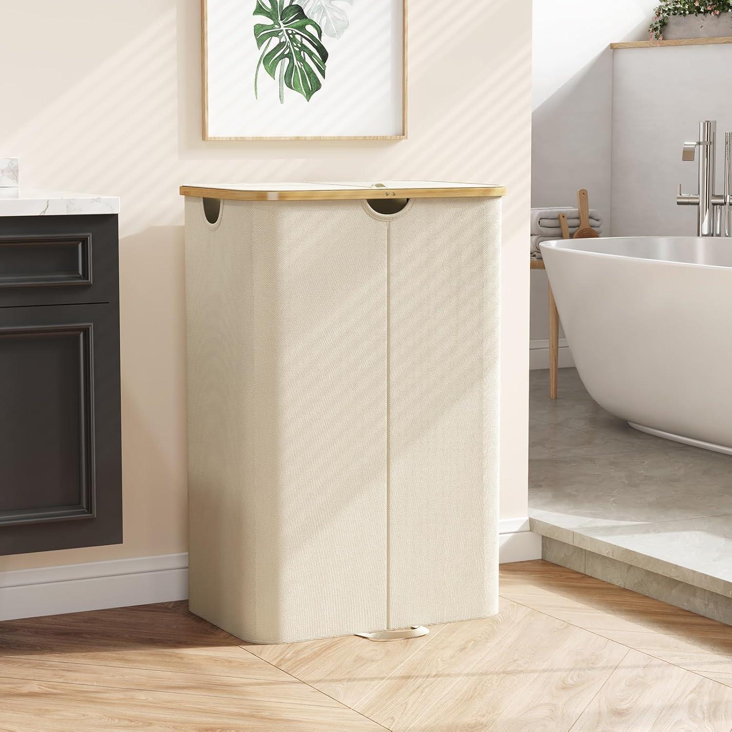 image:imageLifewit 120L Double Laundry Hamper with Lid Large Dual Laundry Basket Removable Bags 2 Sections Aesthetic Clothes Hampers for Laundry with Bamboo Handles for Bedroom Bathroom Dorm BlackBeige