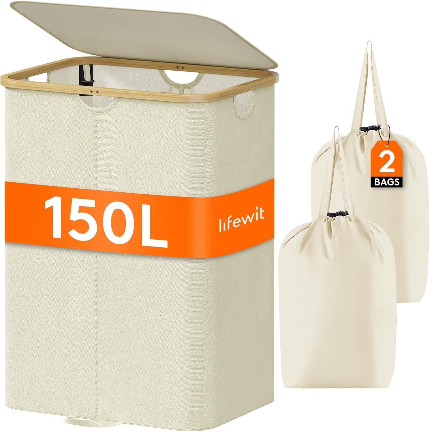 image:imageLifewit 120L Double Laundry Hamper with Lid Large Dual Laundry Basket Removable Bags 2 Sections Aesthetic Clothes Hampers for Laundry with Bamboo Handles for Bedroom Bathroom Dorm BlackBeige