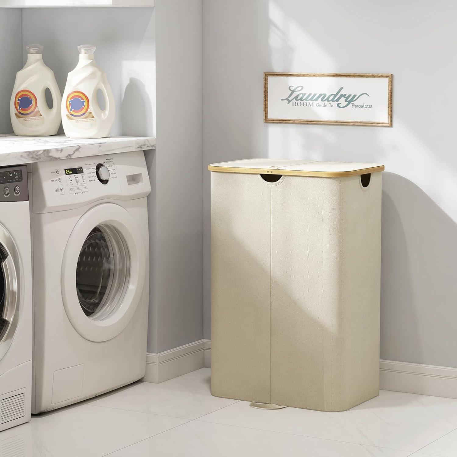 image:imageLifewit 120L Double Laundry Hamper with Lid Large Dual Laundry Basket Removable Bags 2 Sections Aesthetic Clothes Hampers for Laundry with Bamboo Handles for Bedroom Bathroom Dorm BlackBeige