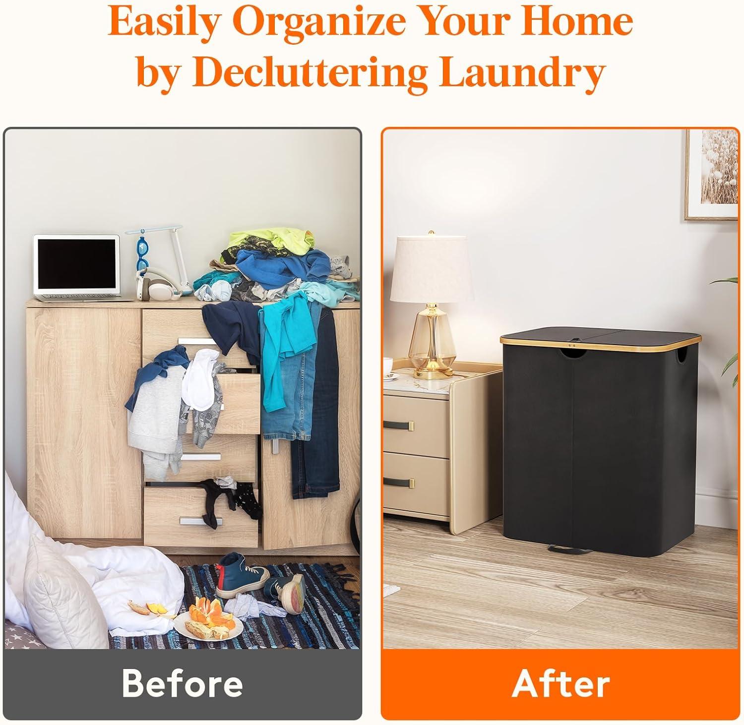 image:imageLifewit 120L Double Laundry Hamper with Lid Large Dual Laundry Basket Removable Bags 2 Sections Aesthetic Clothes Hampers for Laundry with Bamboo Handles for Bedroom Bathroom Dorm BlackBlack