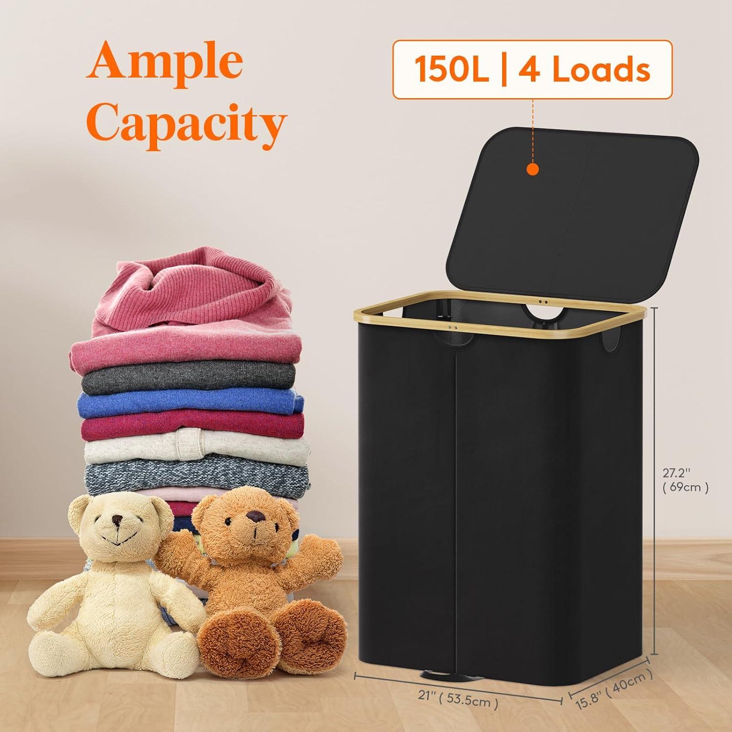 image:imageLifewit 120L Double Laundry Hamper with Lid Large Dual Laundry Basket Removable Bags 2 Sections Aesthetic Clothes Hampers for Laundry with Bamboo Handles for Bedroom Bathroom Dorm BlackBlack