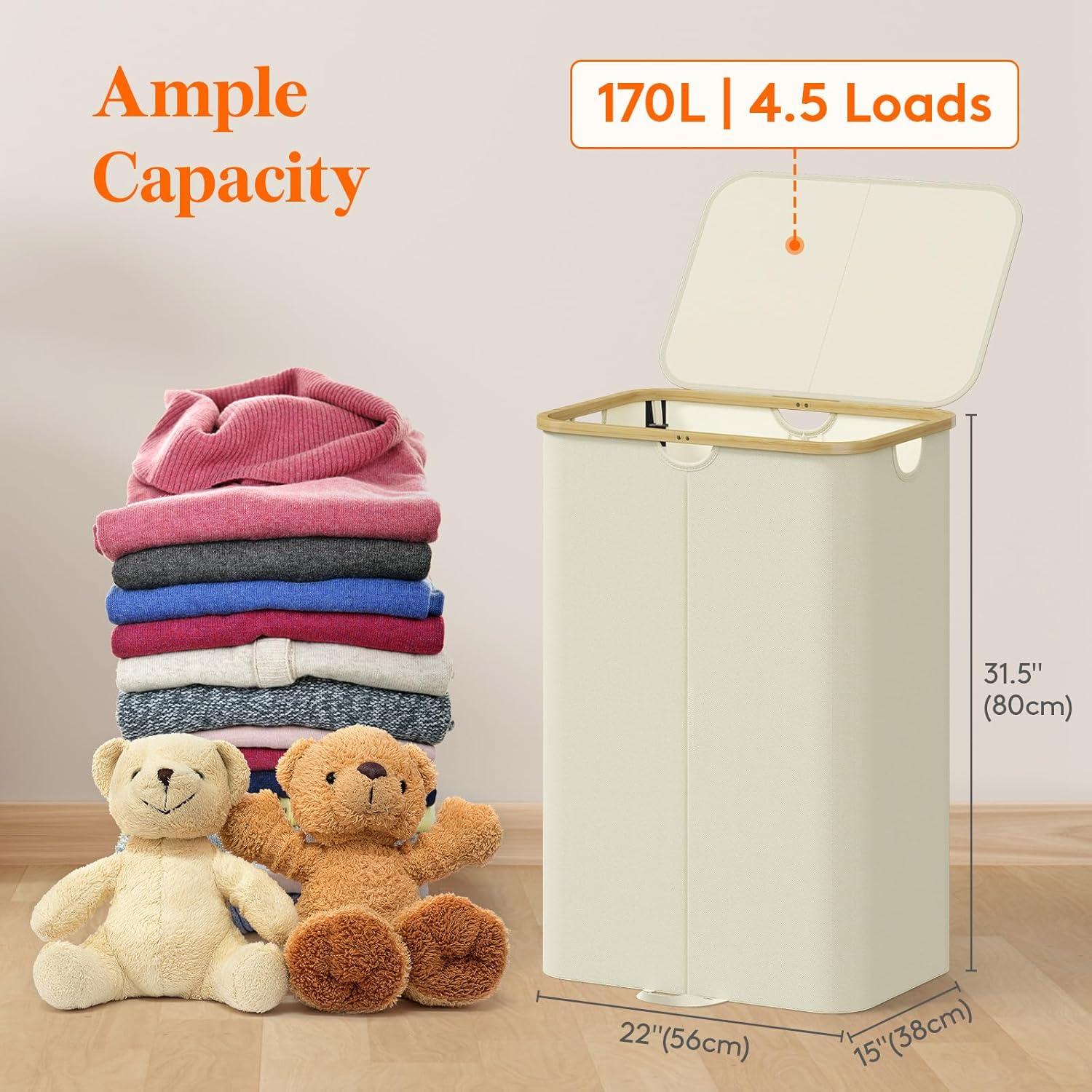 image:imageLifewit 120L Double Laundry Hamper with Lid Large Dual Laundry Basket Removable Bags 2 Sections Aesthetic Clothes Hampers for Laundry with Bamboo Handles for Bedroom Bathroom Dorm BlackBeige