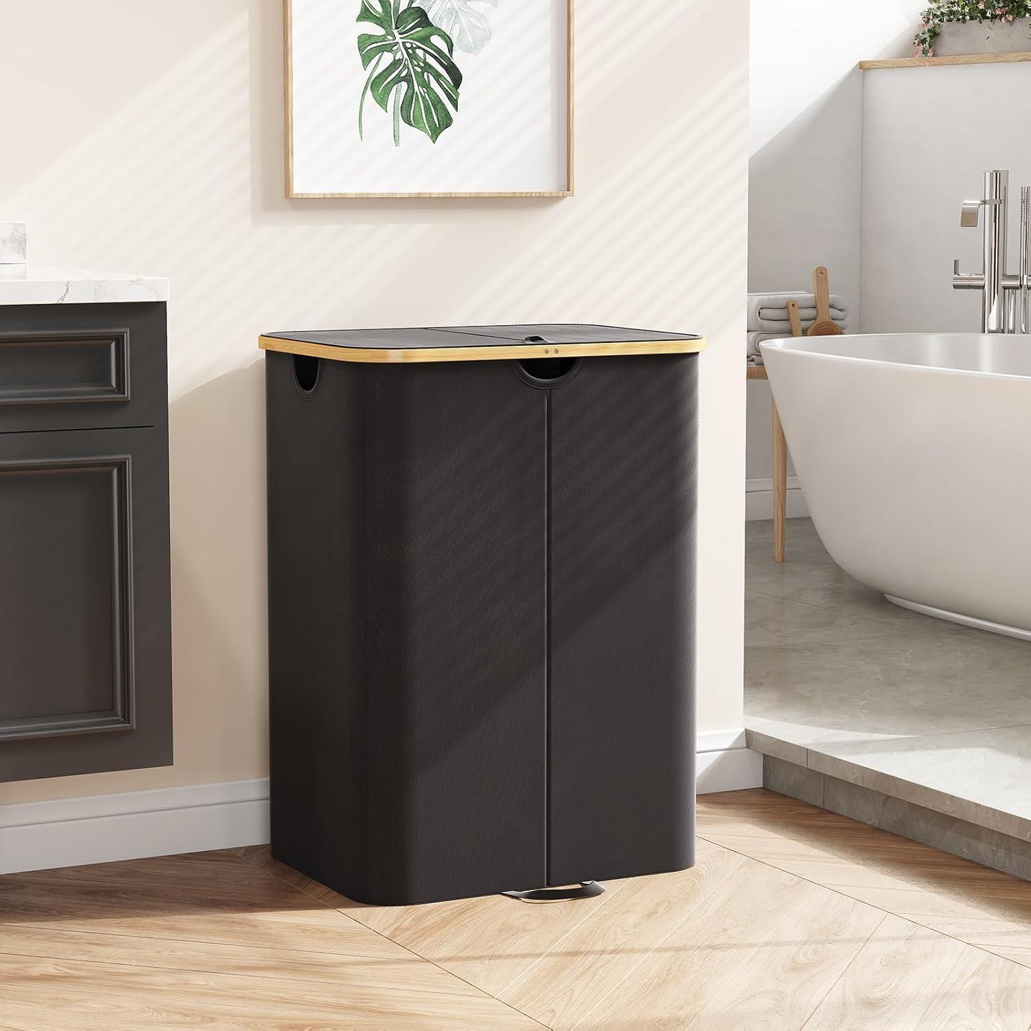 image:imageLifewit 120L Double Laundry Hamper with Lid Large Dual Laundry Basket Removable Bags 2 Sections Aesthetic Clothes Hampers for Laundry with Bamboo Handles for Bedroom Bathroom Dorm BlackBlack