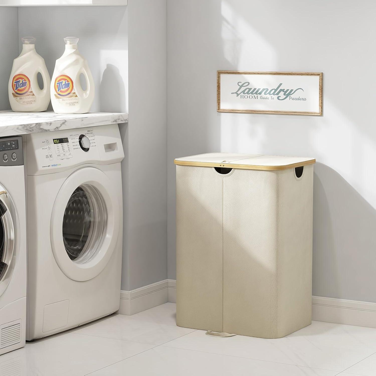image:imageLifewit 120L Double Laundry Hamper with Lid Large Dual Laundry Basket Removable Bags 2 Sections Aesthetic Clothes Hampers for Laundry with Bamboo Handles for Bedroom Bathroom Dorm BlackBeige