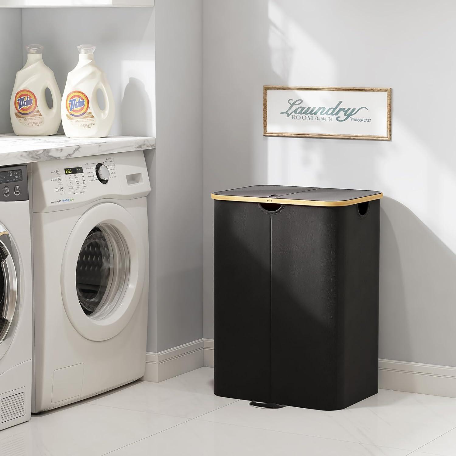 image:imageLifewit 120L Double Laundry Hamper with Lid Large Dual Laundry Basket Removable Bags 2 Sections Aesthetic Clothes Hampers for Laundry with Bamboo Handles for Bedroom Bathroom Dorm BlackBlack