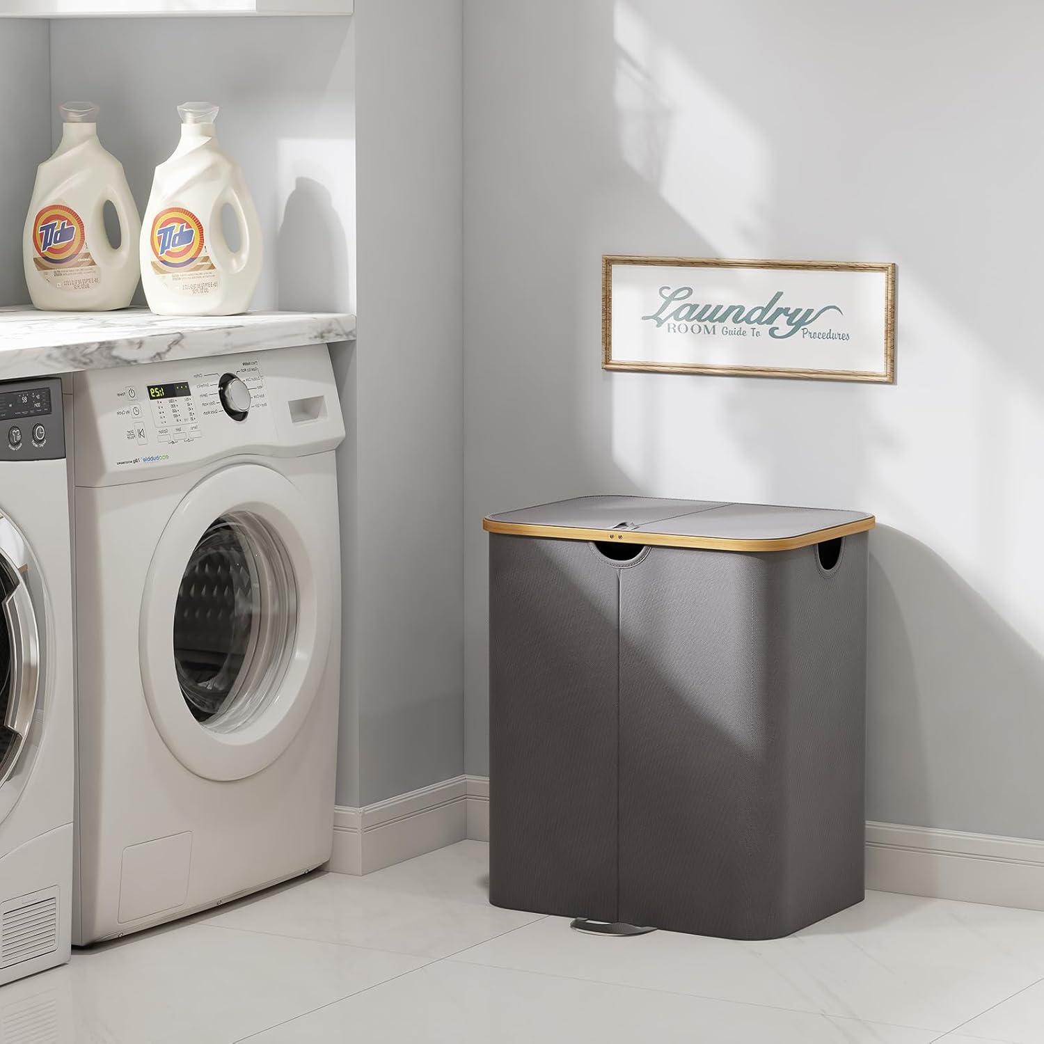 image:imageLifewit 120L Double Laundry Hamper with Lid Large Dual Laundry Basket Removable Bags 2 Sections Aesthetic Clothes Hampers for Laundry with Bamboo Handles for Bedroom Bathroom Dorm BlackGrey