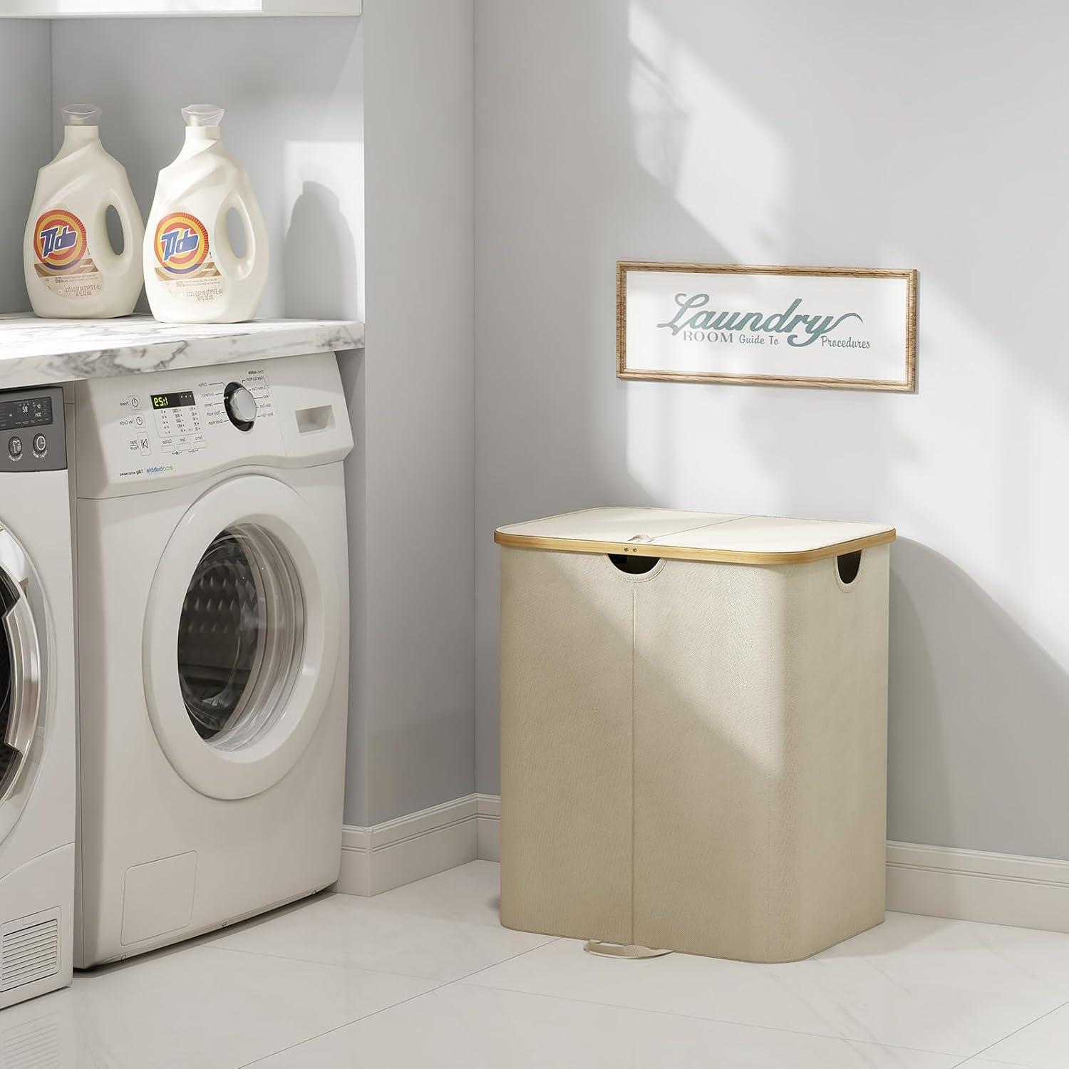 image:imageLifewit 120L Double Laundry Hamper with Lid Large Dual Laundry Basket Removable Bags 2 Sections Aesthetic Clothes Hampers for Laundry with Bamboo Handles for Bedroom Bathroom Dorm BlackBeige