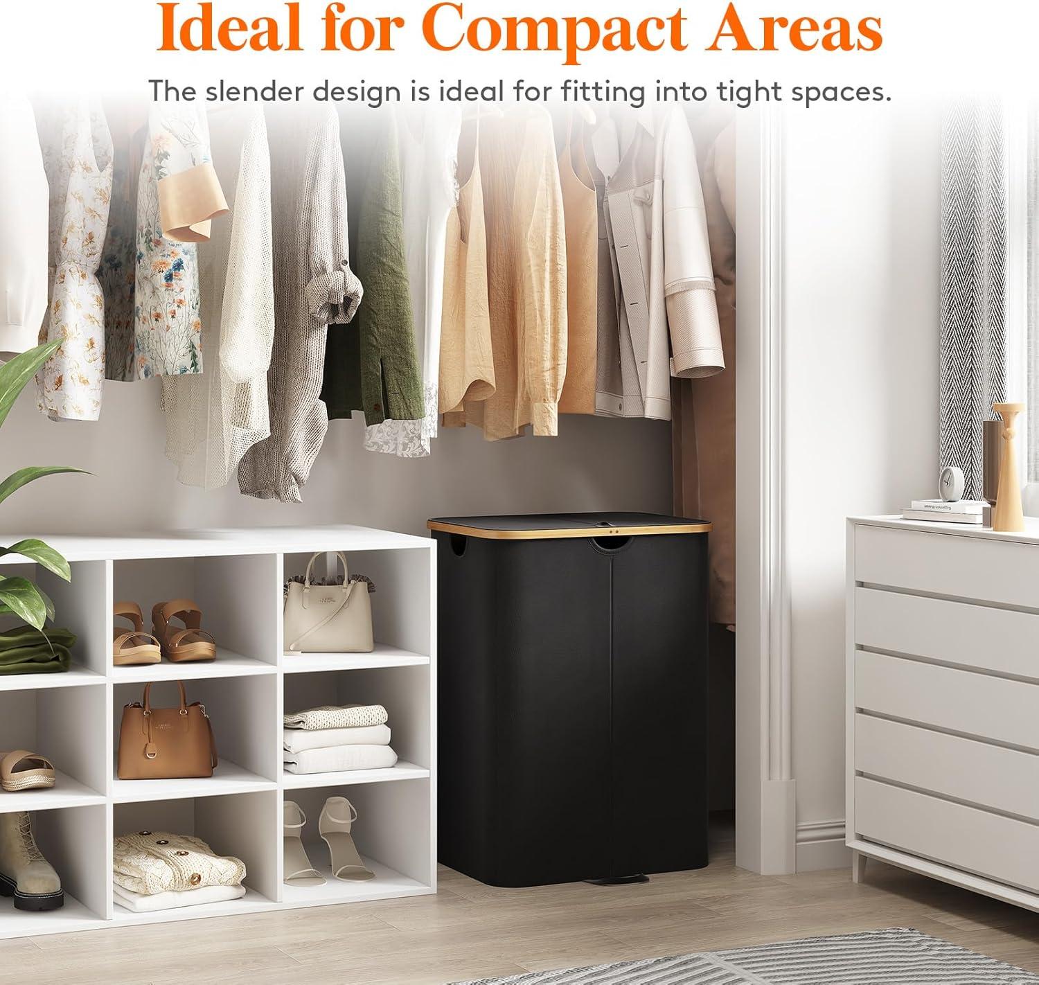image:imageLifewit 120L Double Laundry Hamper with Lid Large Dual Laundry Basket Removable Bags 2 Sections Aesthetic Clothes Hampers for Laundry with Bamboo Handles for Bedroom Bathroom Dorm BlackBlack
