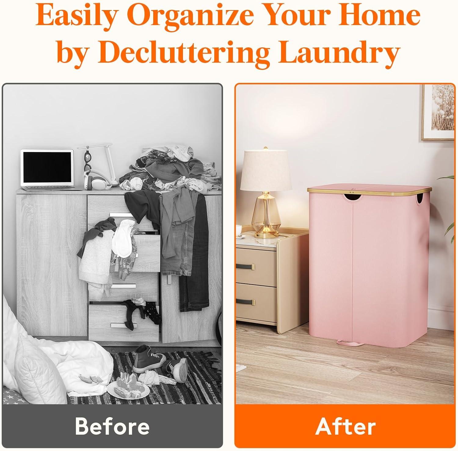 image:imageLifewit 120L Double Laundry Hamper with Lid Large Dual Laundry Basket Removable Bags 2 Sections Aesthetic Clothes Hampers for Laundry with Bamboo Handles for Bedroom Bathroom Dorm BlackPink