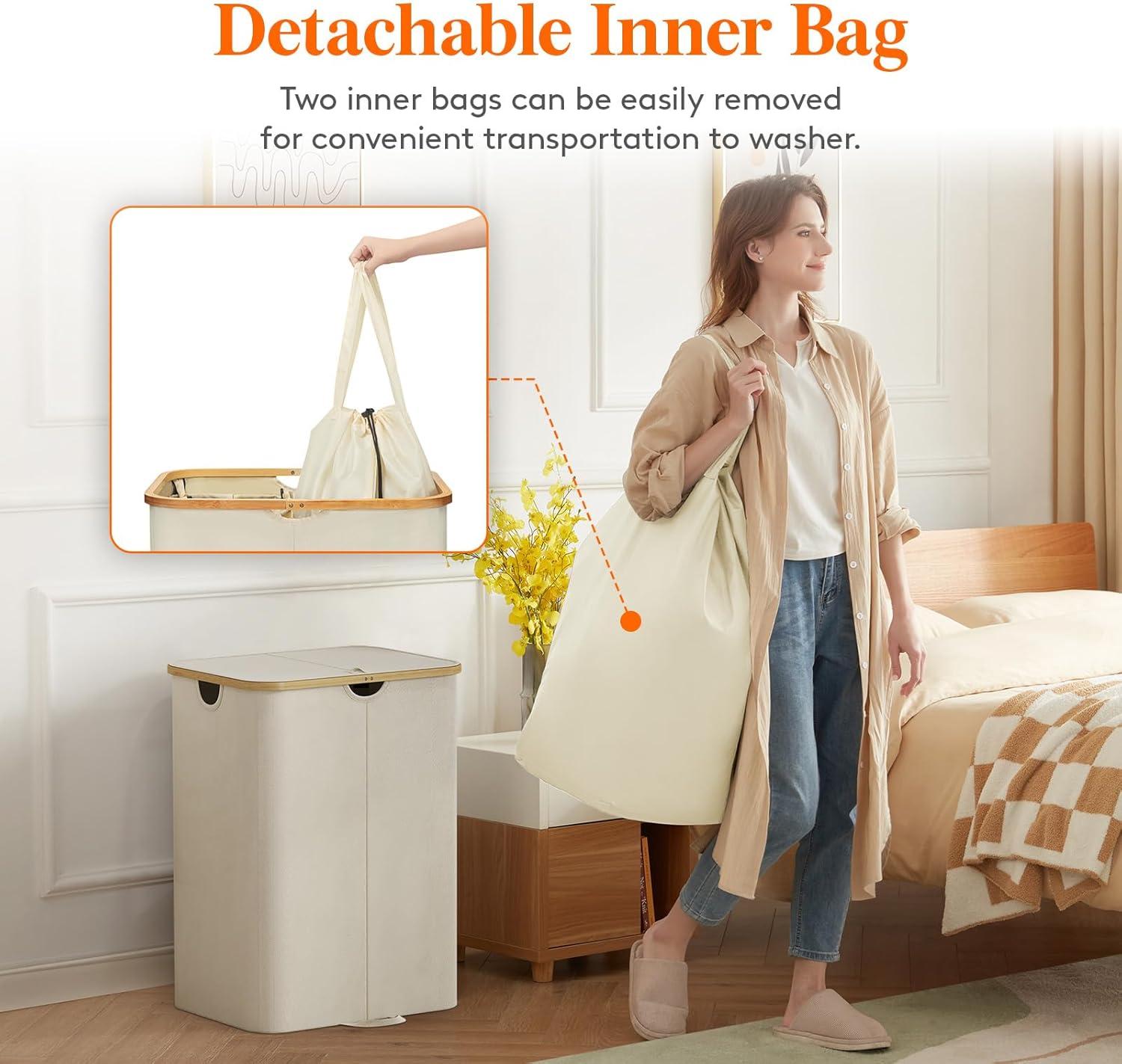 image:imageLifewit 120L Double Laundry Hamper with Lid Large Dual Laundry Basket Removable Bags 2 Sections Aesthetic Clothes Hampers for Laundry with Bamboo Handles for Bedroom Bathroom Dorm BlackBeige
