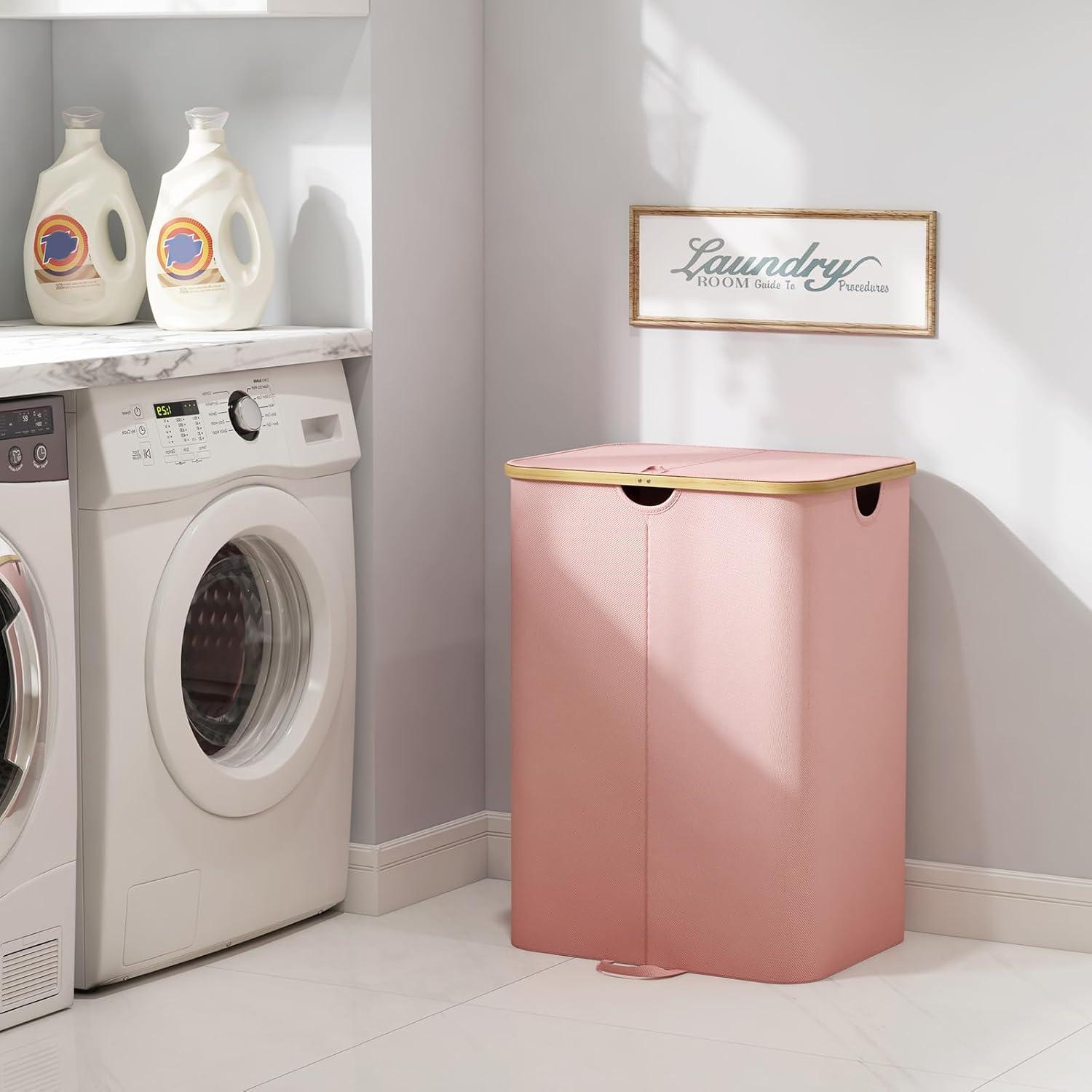image:imageLifewit 120L Double Laundry Hamper with Lid Large Dual Laundry Basket Removable Bags 2 Sections Aesthetic Clothes Hampers for Laundry with Bamboo Handles for Bedroom Bathroom Dorm BlackPink