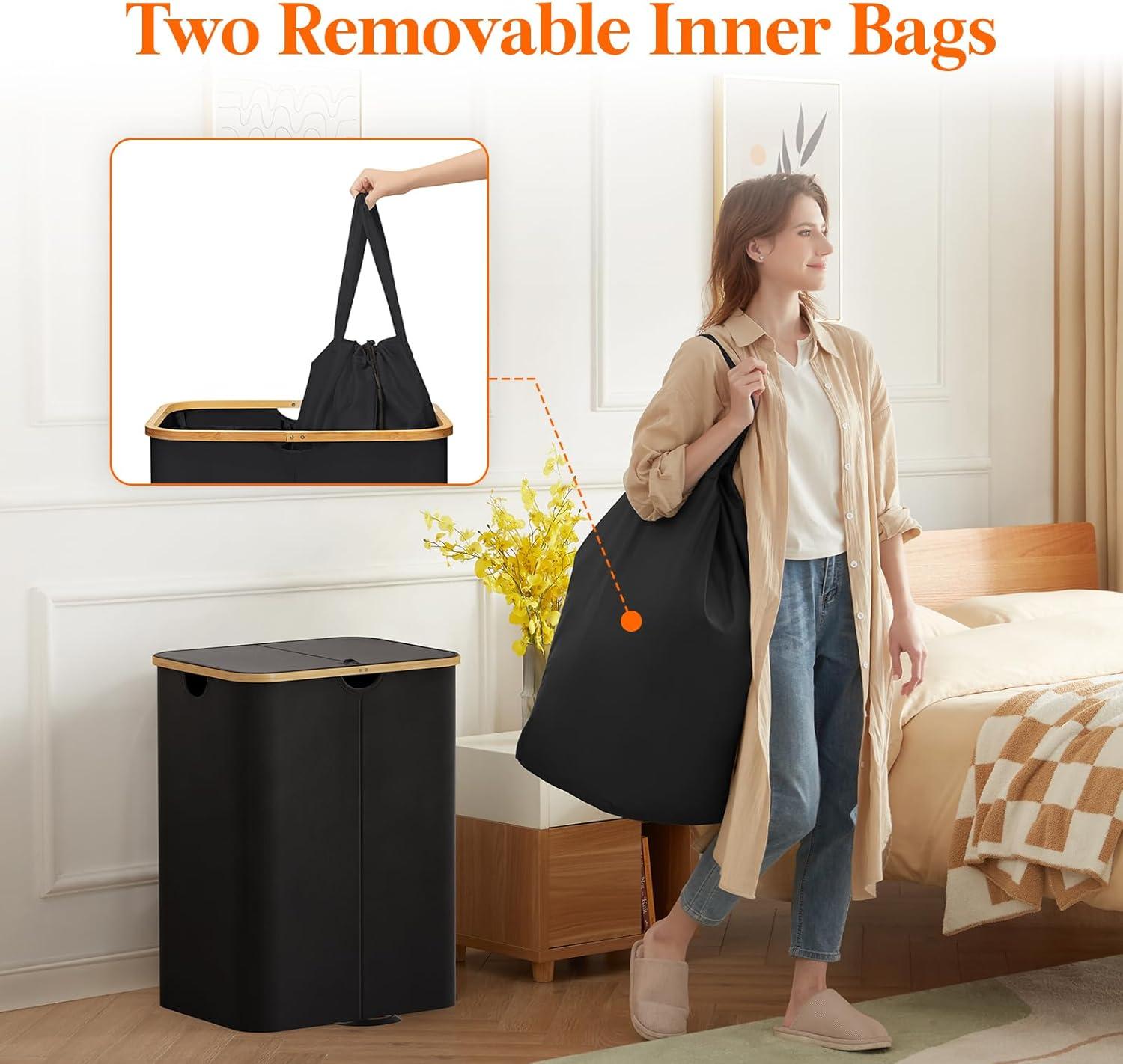 image:imageLifewit 120L Double Laundry Hamper with Lid Large Dual Laundry Basket Removable Bags 2 Sections Aesthetic Clothes Hampers for Laundry with Bamboo Handles for Bedroom Bathroom Dorm BlackBlack