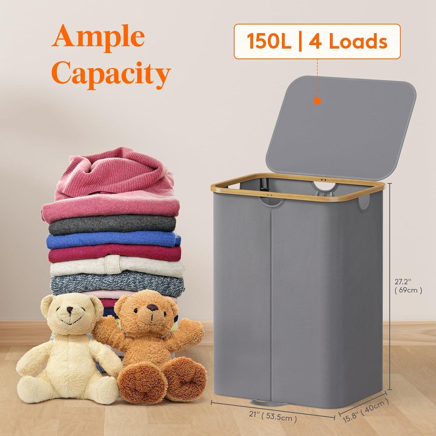 image:imageLifewit 120L Double Laundry Hamper with Lid Large Dual Laundry Basket Removable Bags 2 Sections Aesthetic Clothes Hampers for Laundry with Bamboo Handles for Bedroom Bathroom Dorm BlackGrey