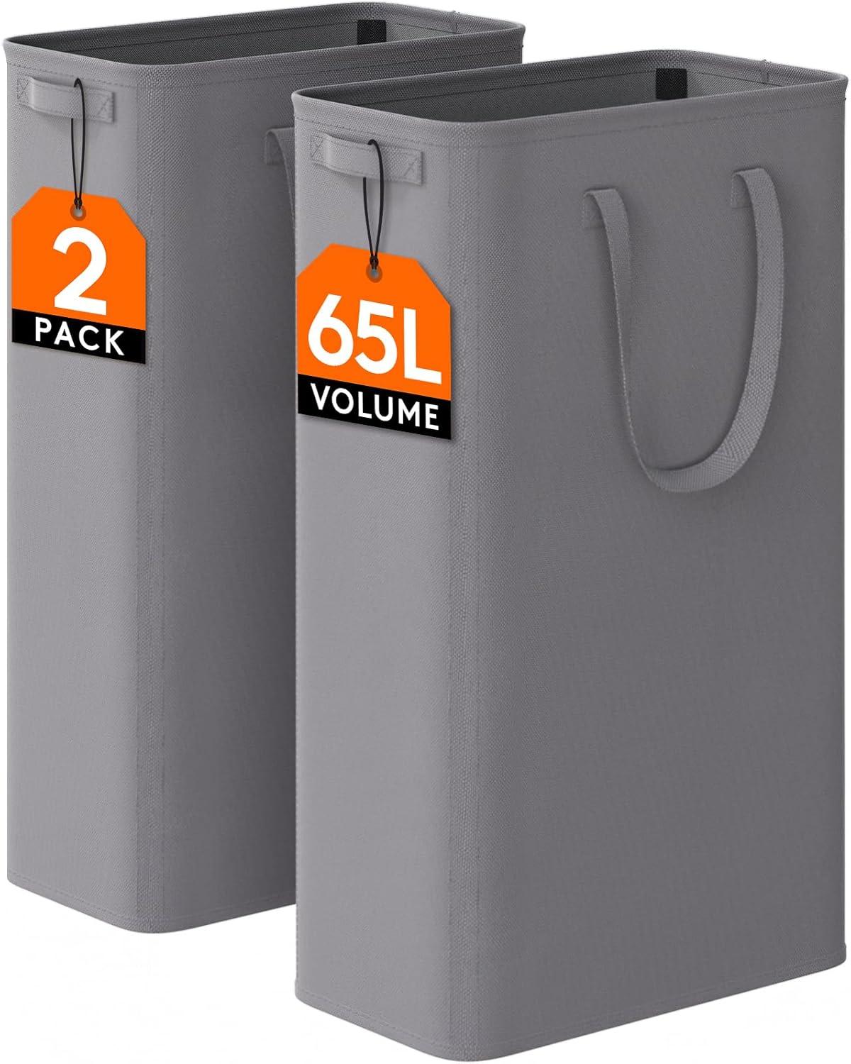 image:imageLifewit 2 Pack Slim Laundry Hamper Collapsible Narrow Laundry Basket Small Tall Dirty Clothes Hampers with Handles for Bathroom Bedroom College Dorm Black 50LGray