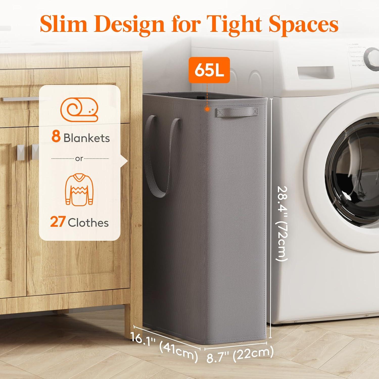 image:imageLifewit 2 Pack Slim Laundry Hamper Collapsible Narrow Laundry Basket Small Tall Dirty Clothes Hampers with Handles for Bathroom Bedroom College Dorm Black 50LGray