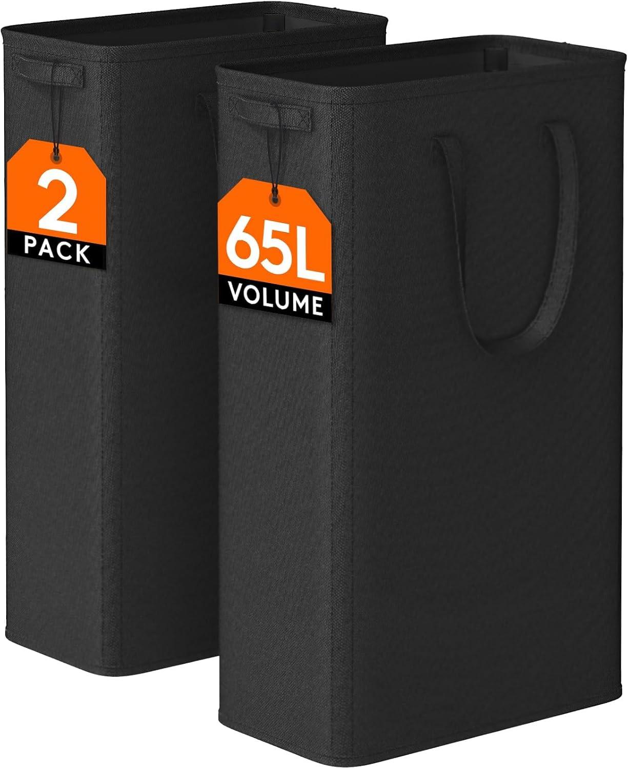 image:imageLifewit 2 Pack Slim Laundry Hamper Collapsible Narrow Laundry Basket Small Tall Dirty Clothes Hampers with Handles for Bathroom Bedroom College Dorm Black 50LBlack