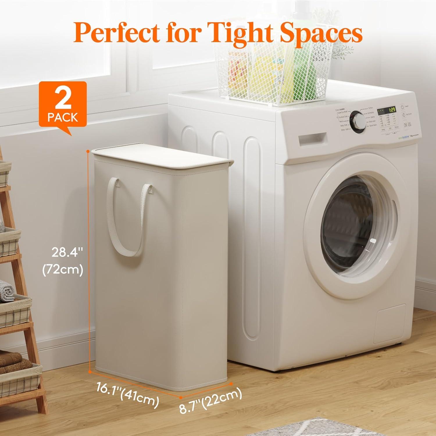 image:imageLifewit 65L Slim Laundry Hamper Small Laundry Basket with Lid Dirty Narrow Collapsible Clothes Storage with Easy Carry Extended Handles Tall Hampers for Bedroom Laundry Room White 2 PacksWhite